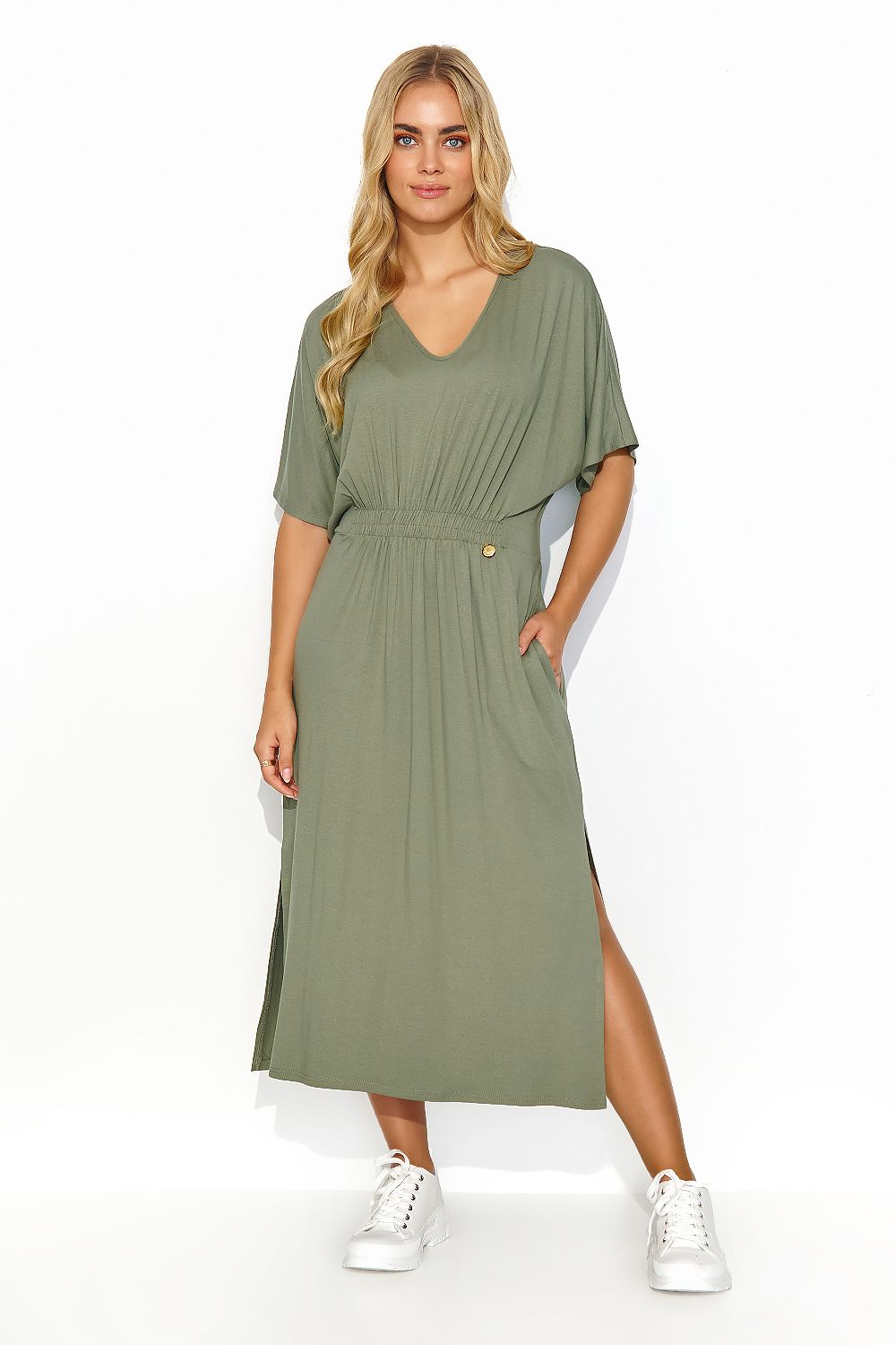Makadamia Midi Dress with Drawstring Waist and Elegant Slit - Lightweight Knit for Summer Style