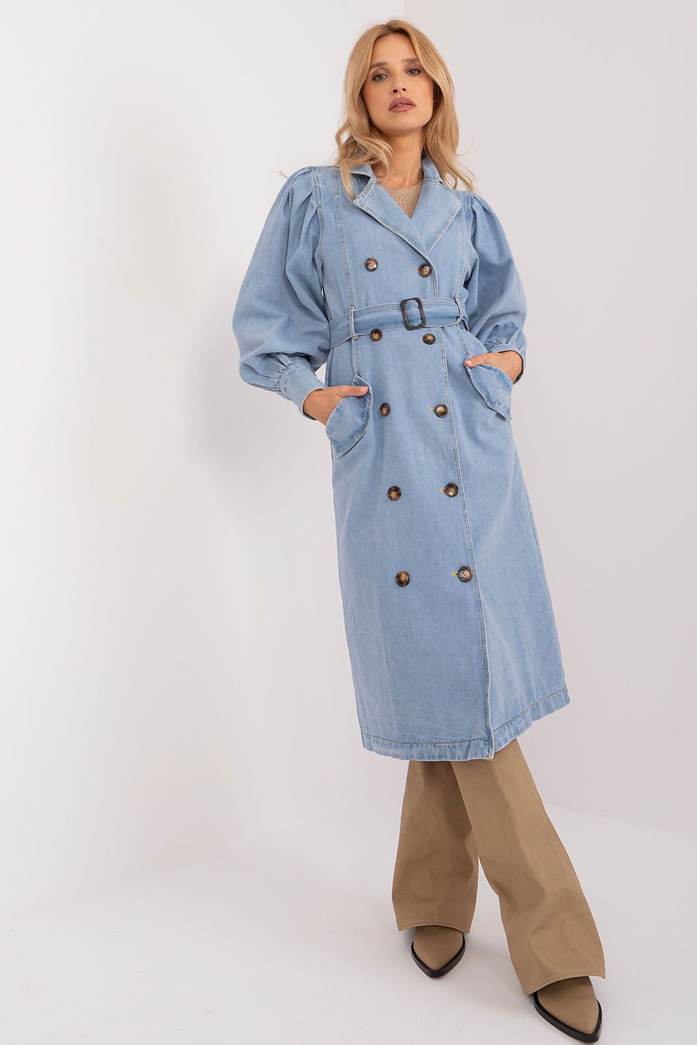 Luxury Denim Trench Coat for Spring & Summer - Long Sleeve, Belted Style with Pockets