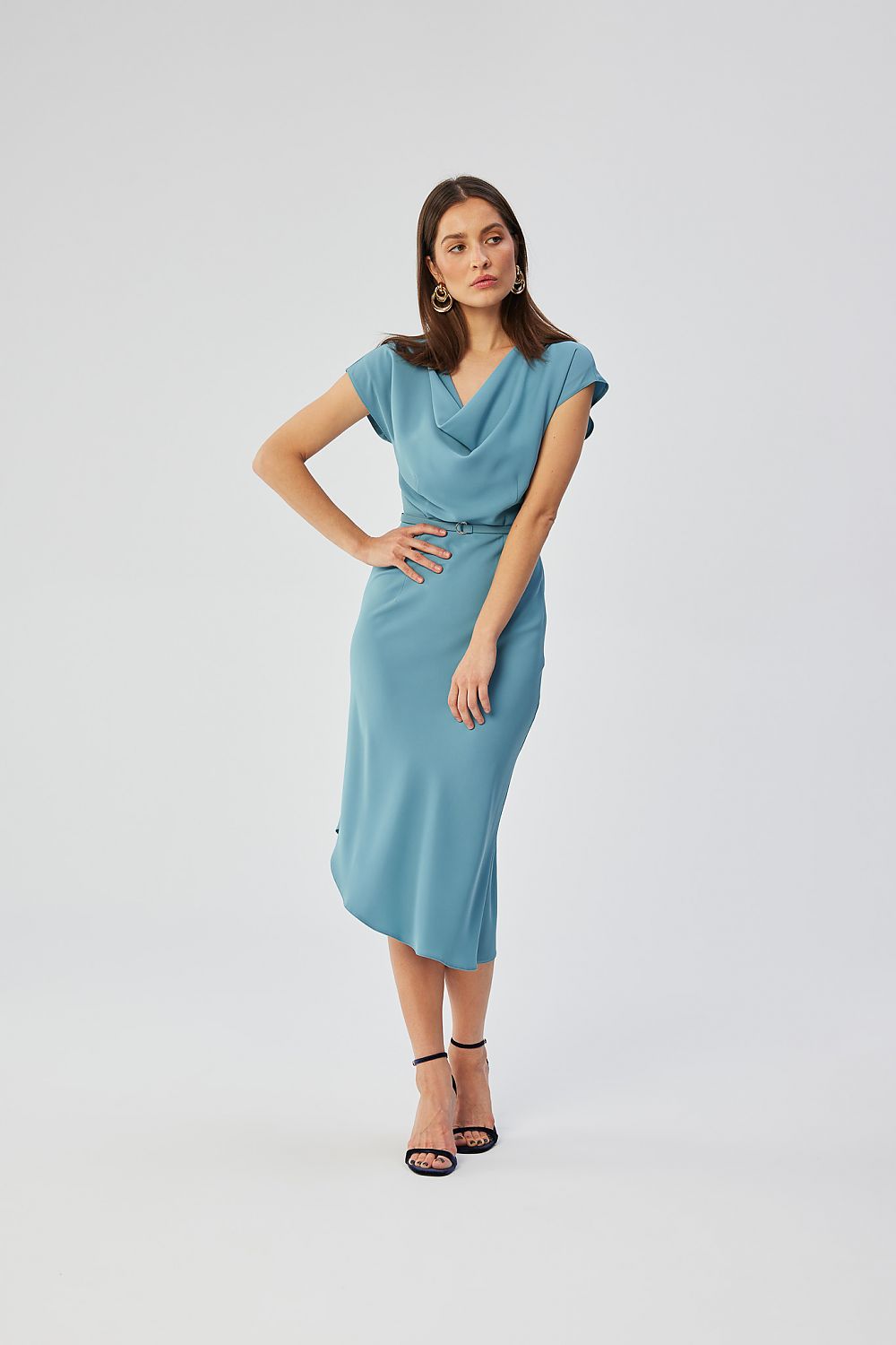 Stylove Asymmetrical Midi Cocktail Dress with Water Neckline and Elegant Belt - Made in Poland