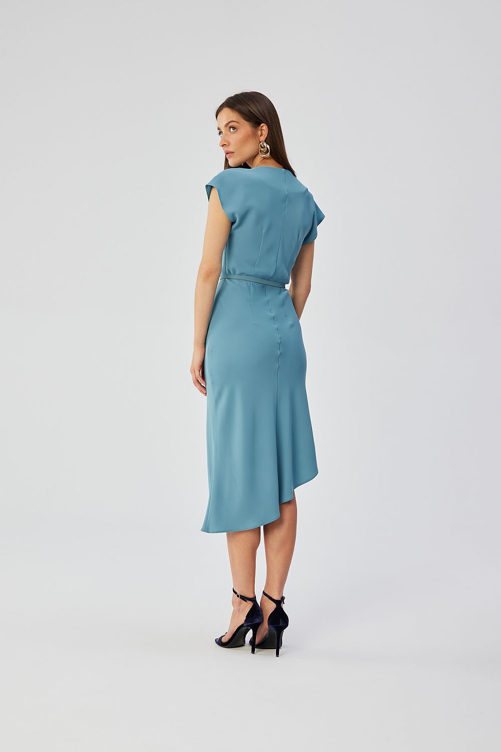 Stylove Asymmetrical Midi Cocktail Dress with Water Neckline and Elegant Belt - Made in Poland