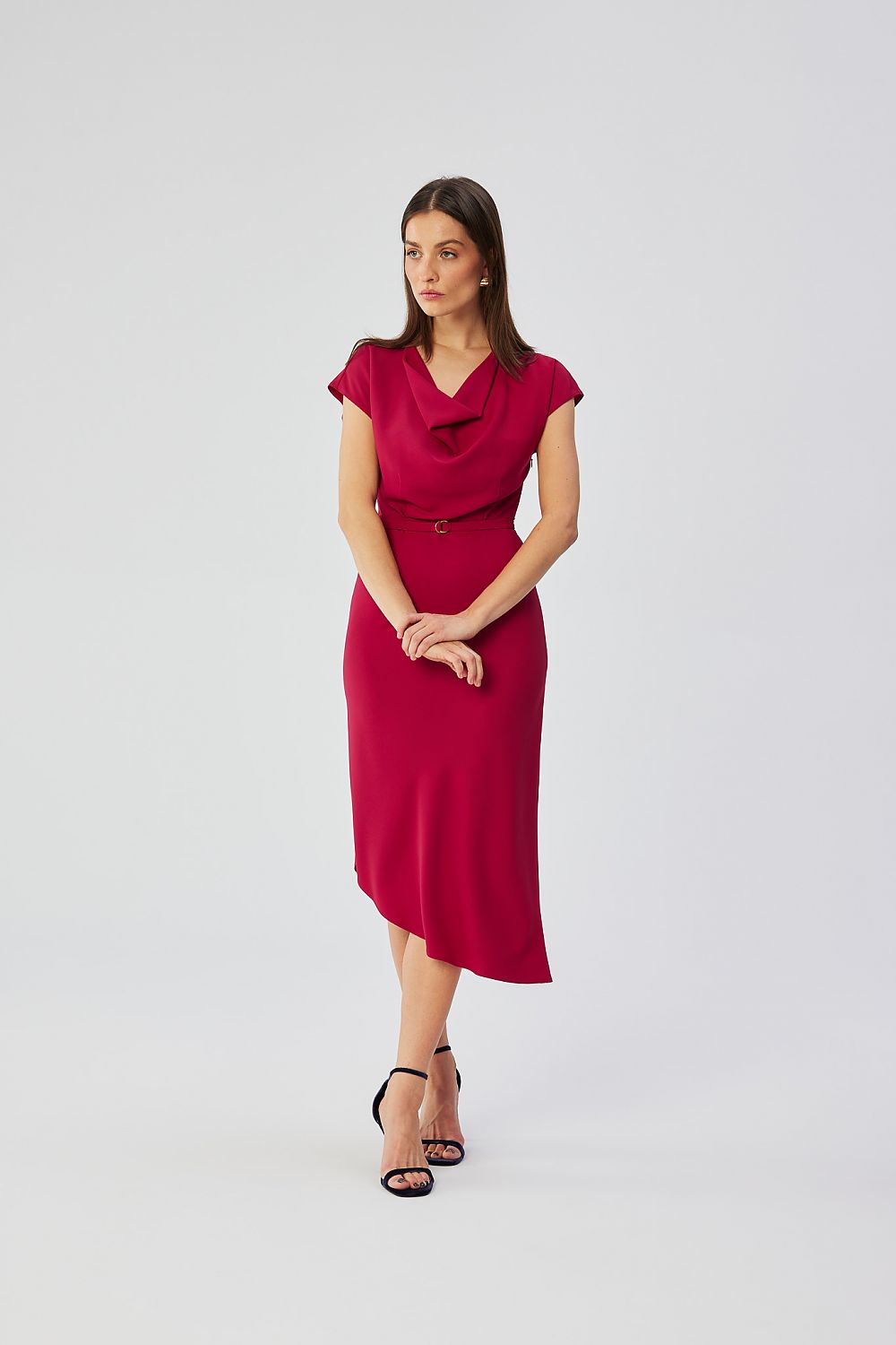 Stylove Asymmetrical Midi Cocktail Dress with Water Neckline and Elegant Belt - Made in Poland