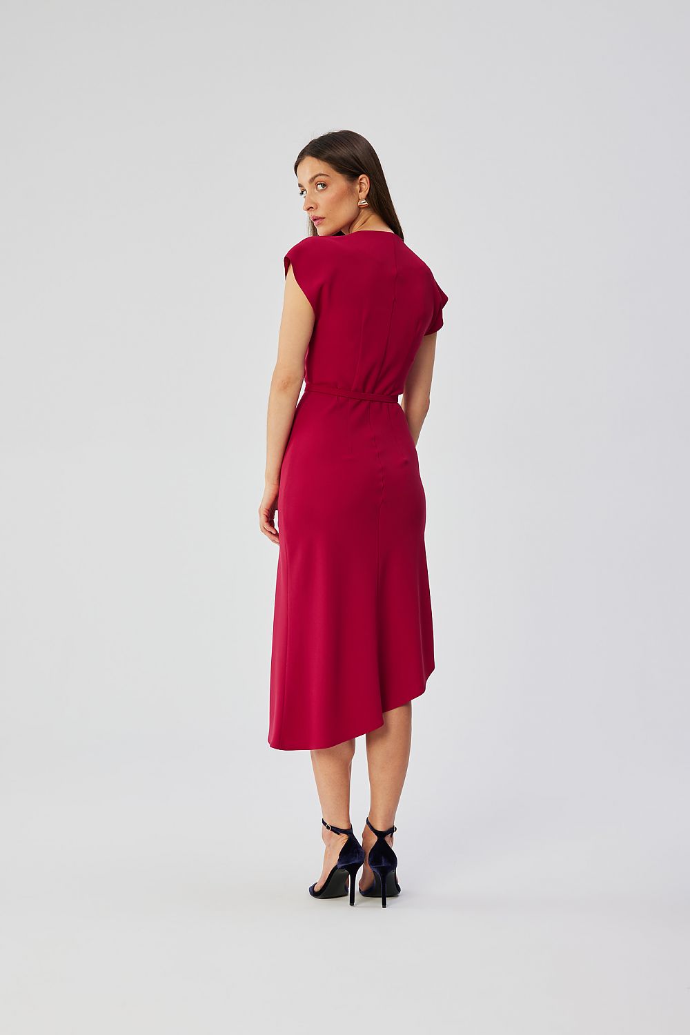Stylove Asymmetrical Midi Cocktail Dress with Water Neckline and Elegant Belt - Made in Poland
