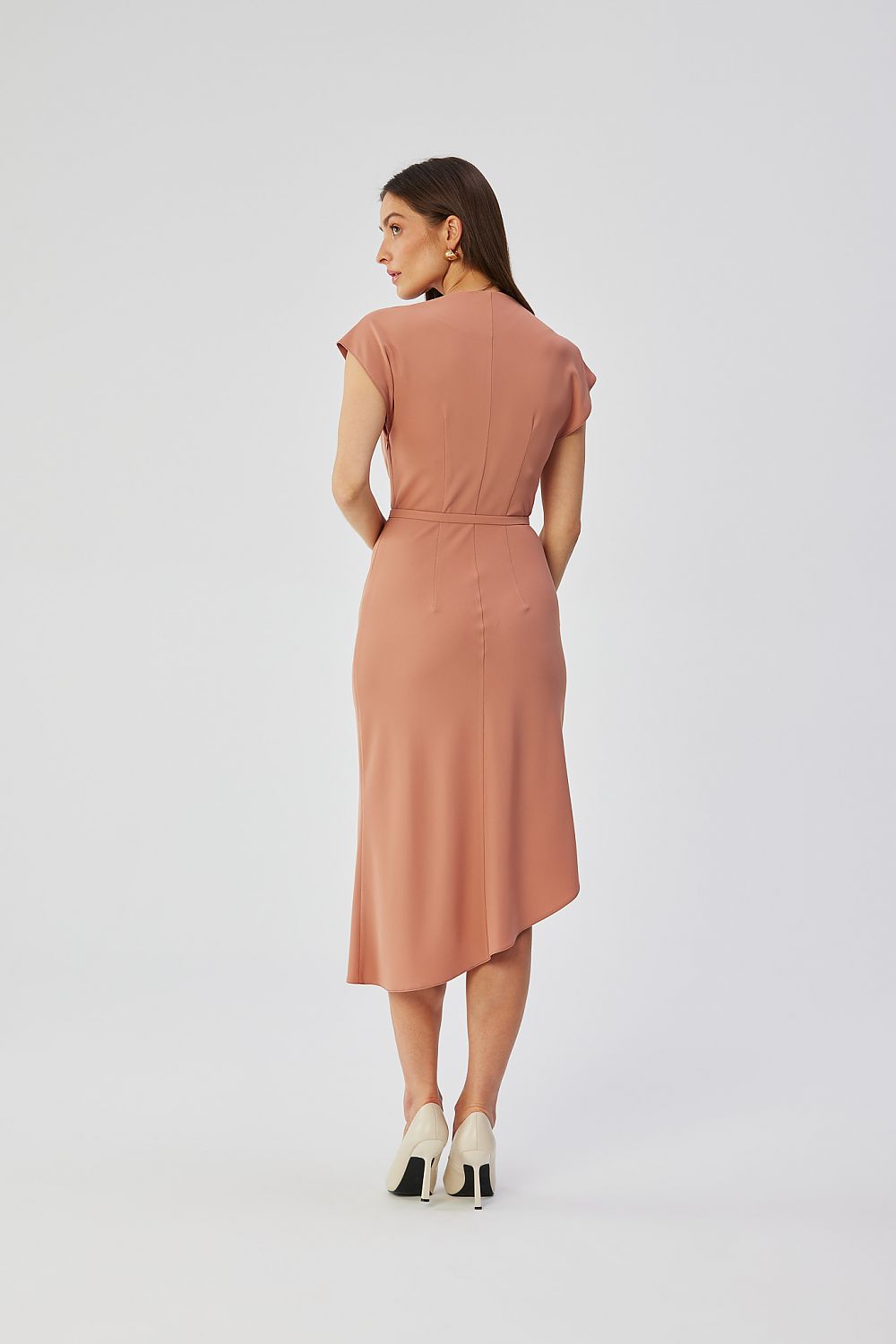 Stylove Asymmetrical Midi Cocktail Dress with Water Neckline and Elegant Belt - Made in Poland
