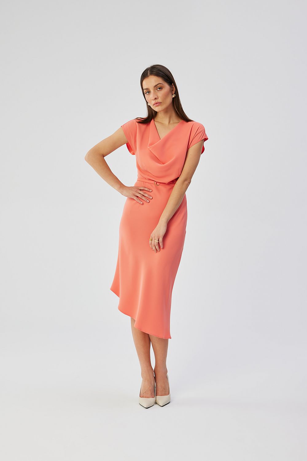 Stylove Asymmetrical Midi Cocktail Dress with Water Neckline and Elegant Belt - Made in Poland