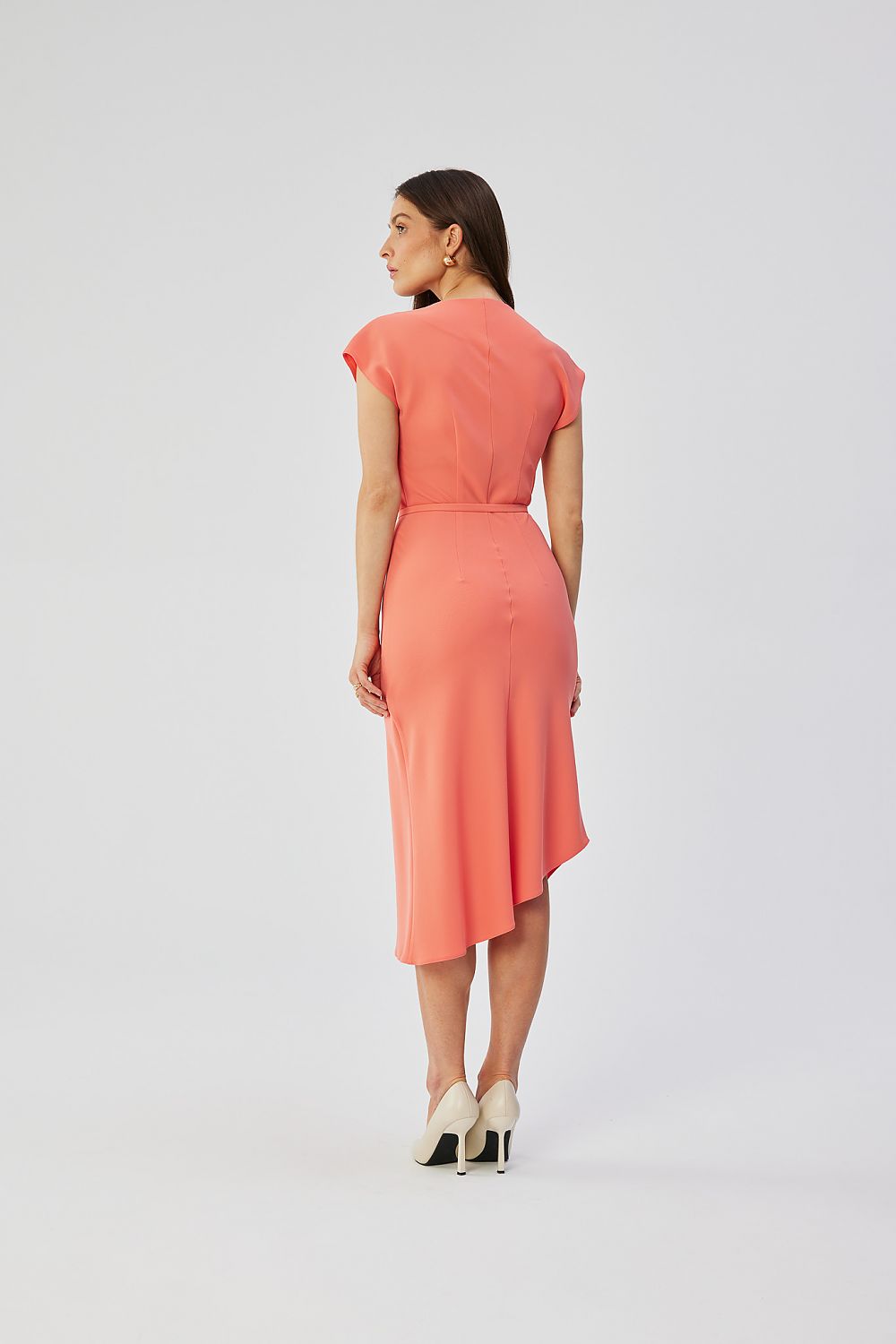Stylove Asymmetrical Midi Cocktail Dress with Water Neckline and Elegant Belt - Made in Poland