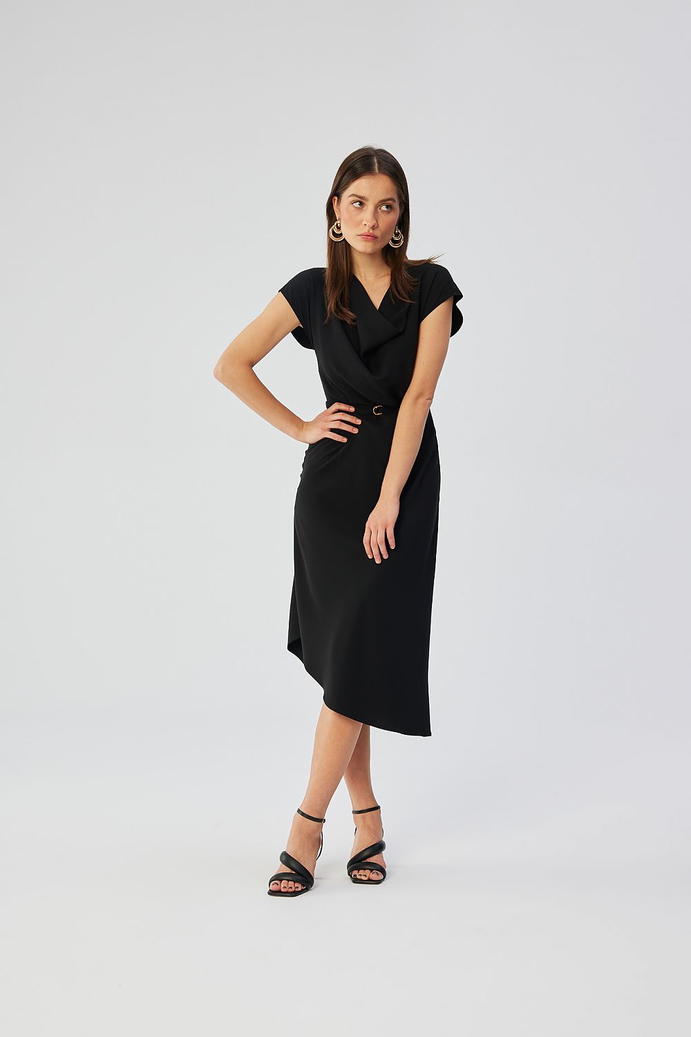 Stylove Asymmetrical Midi Cocktail Dress with Water Neckline and Elegant Belt - Made in Poland
