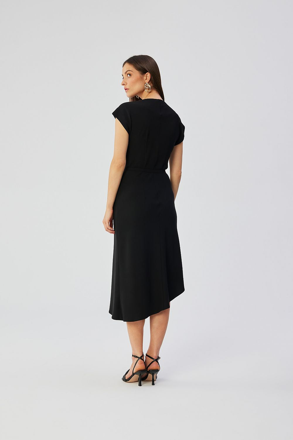 Stylove Asymmetrical Midi Cocktail Dress with Water Neckline and Elegant Belt - Made in Poland