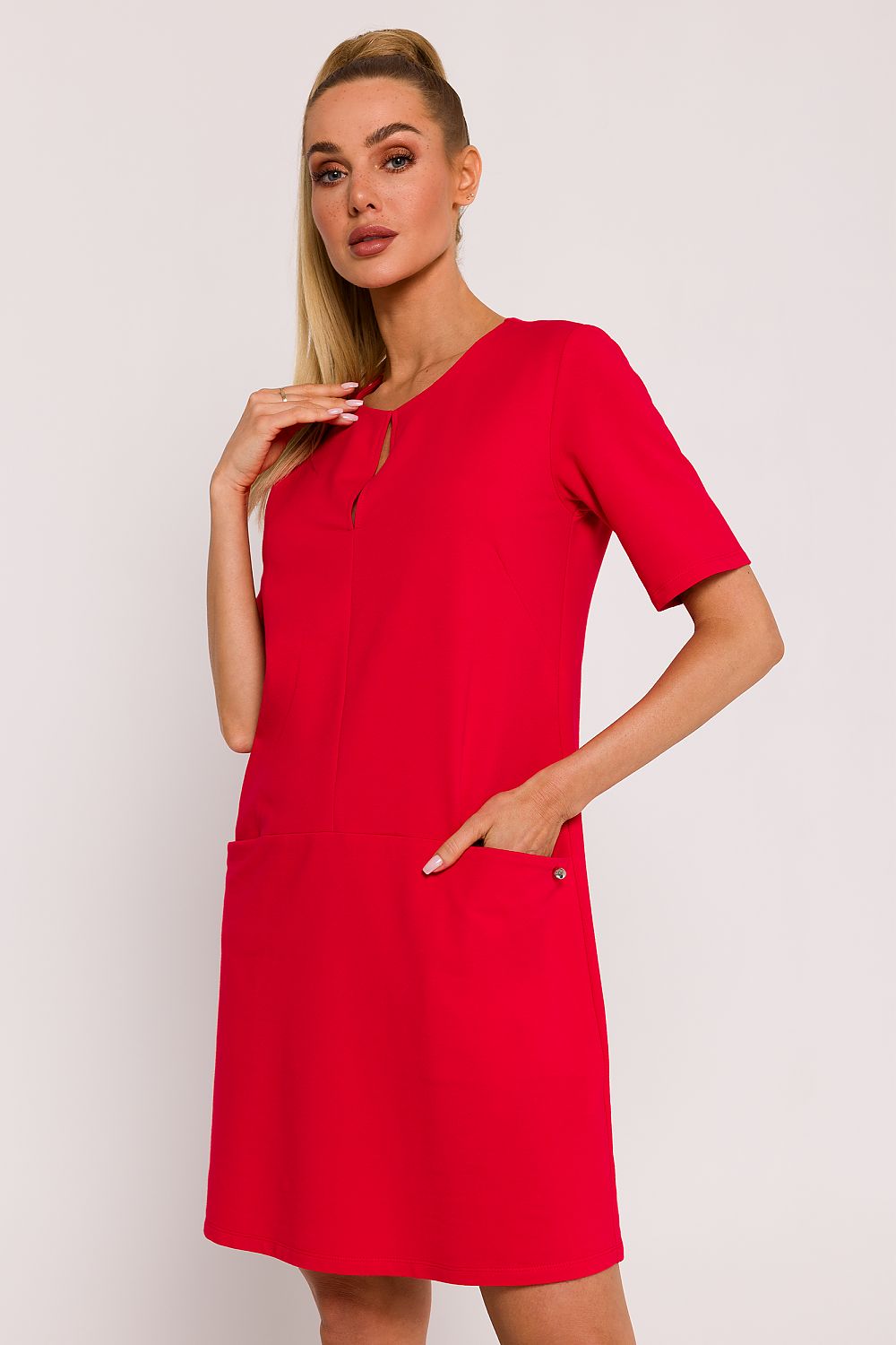 Moe A-Line Knit Dress with Pockets – Elegant Short Sleeve Summer Fashion in Premium Cotton Blend