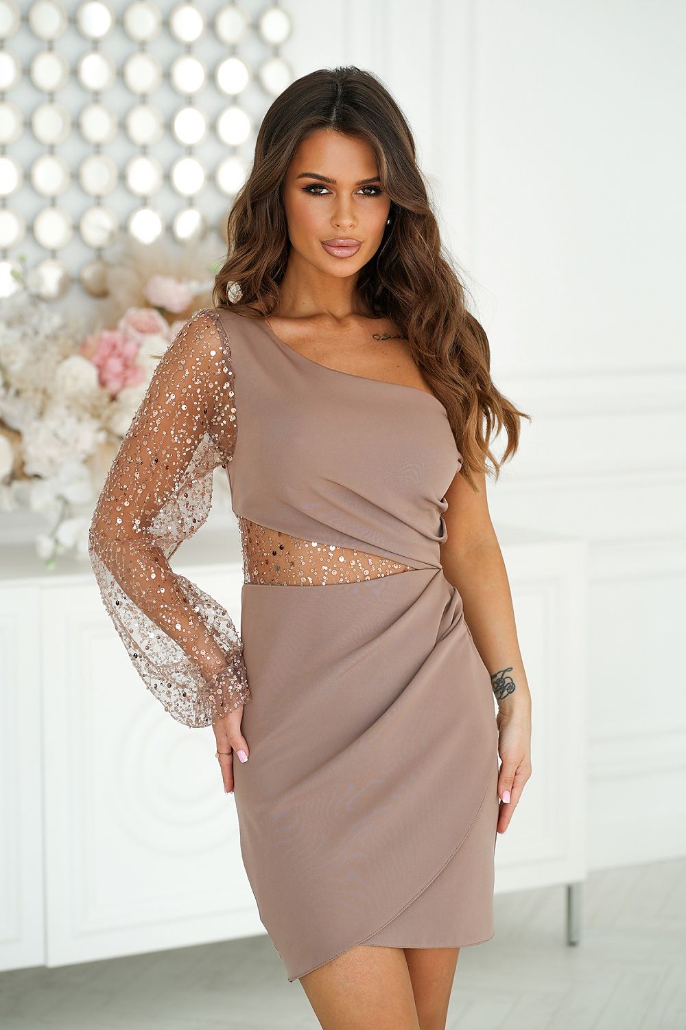 Luxury Asymmetrical Mini Dress with Sequin Sleeve Accent - Bicotone Elegant Evening Wear