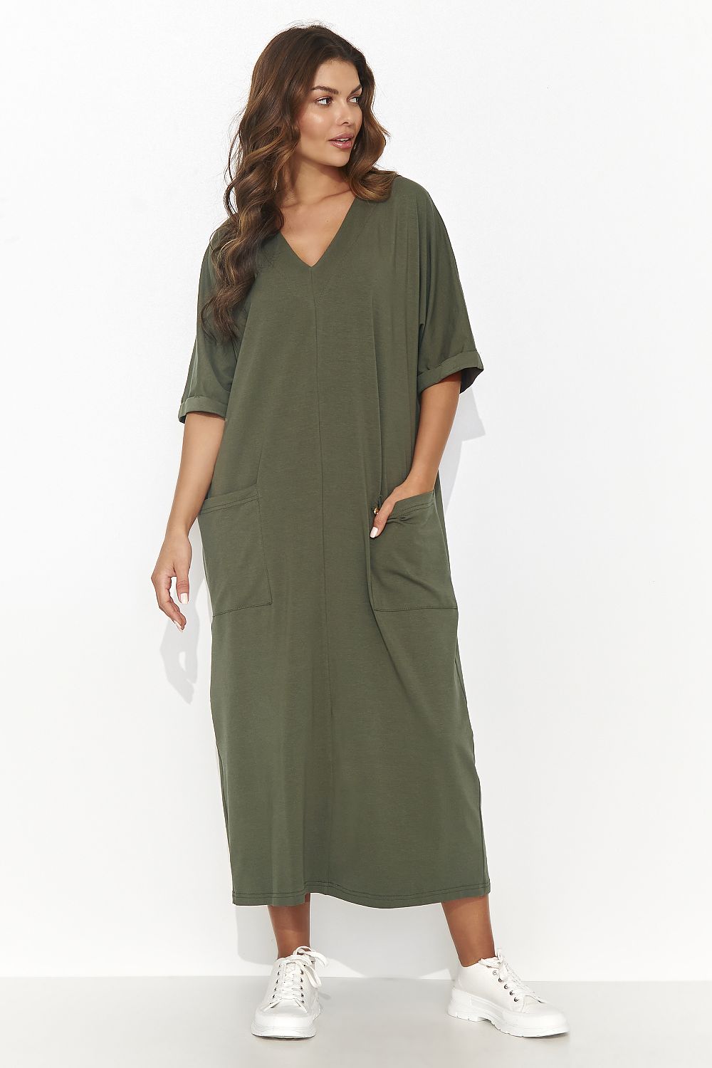 Elegant Casual Daydress Numinou - Short Sleeve Heart Neckline with Pockets, Cotton-Spandex Blend