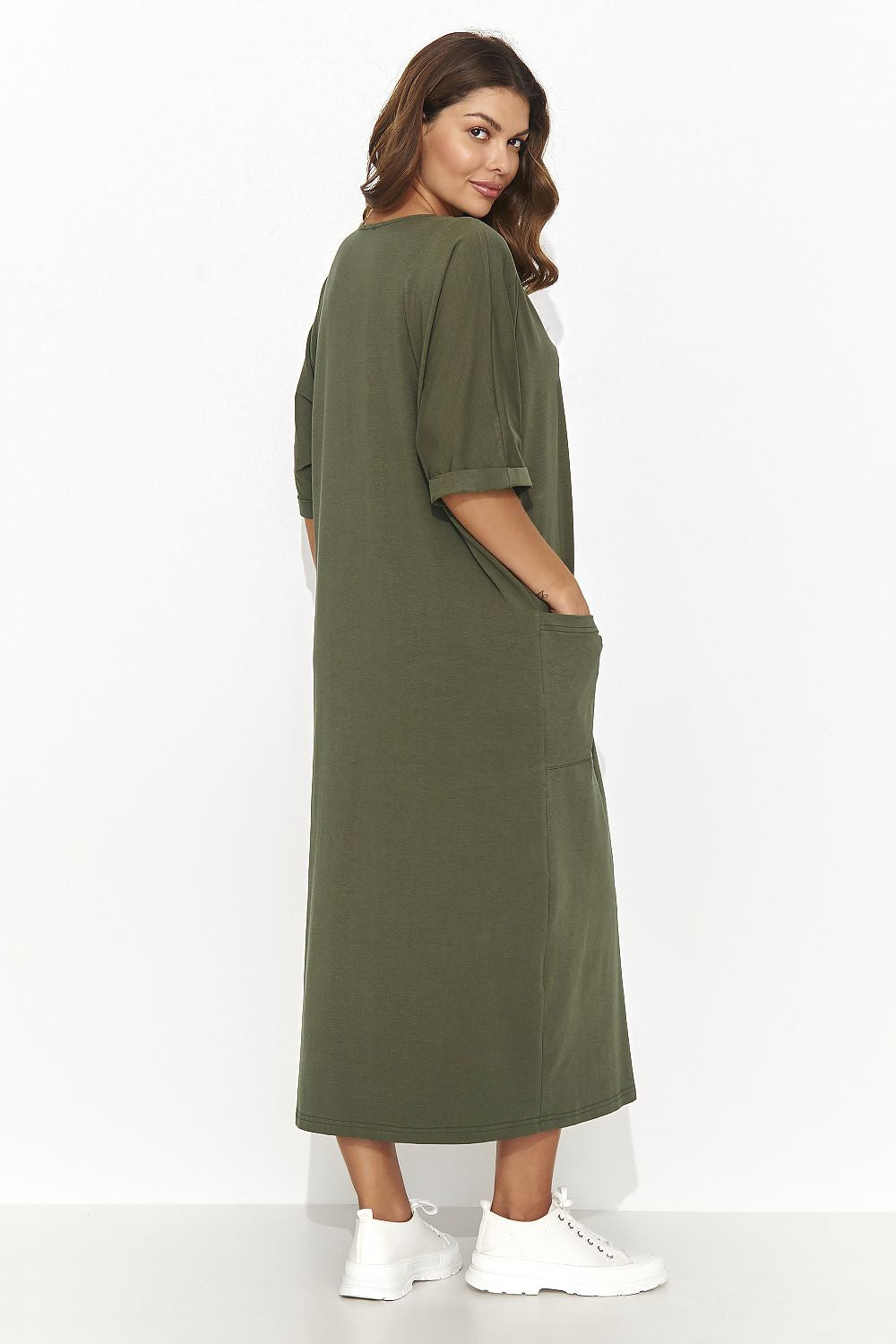 Elegant Casual Daydress Numinou - Short Sleeve Heart Neckline with Pockets, Cotton-Spandex Blend