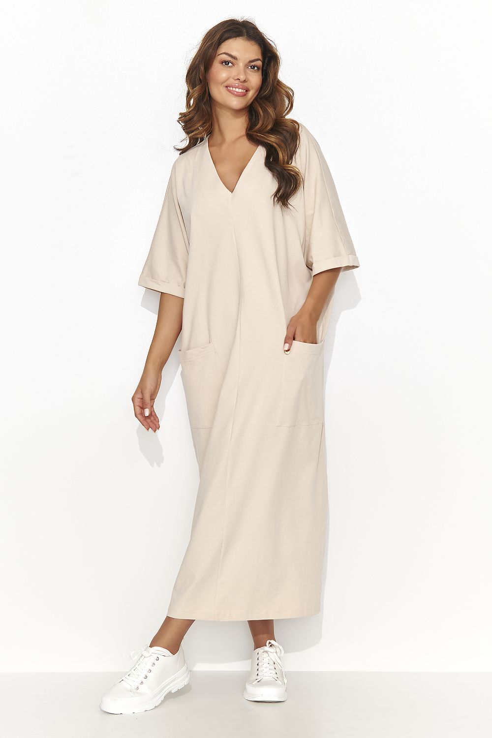 Elegant Casual Daydress Numinou - Short Sleeve Heart Neckline with Pockets, Cotton-Spandex Blend