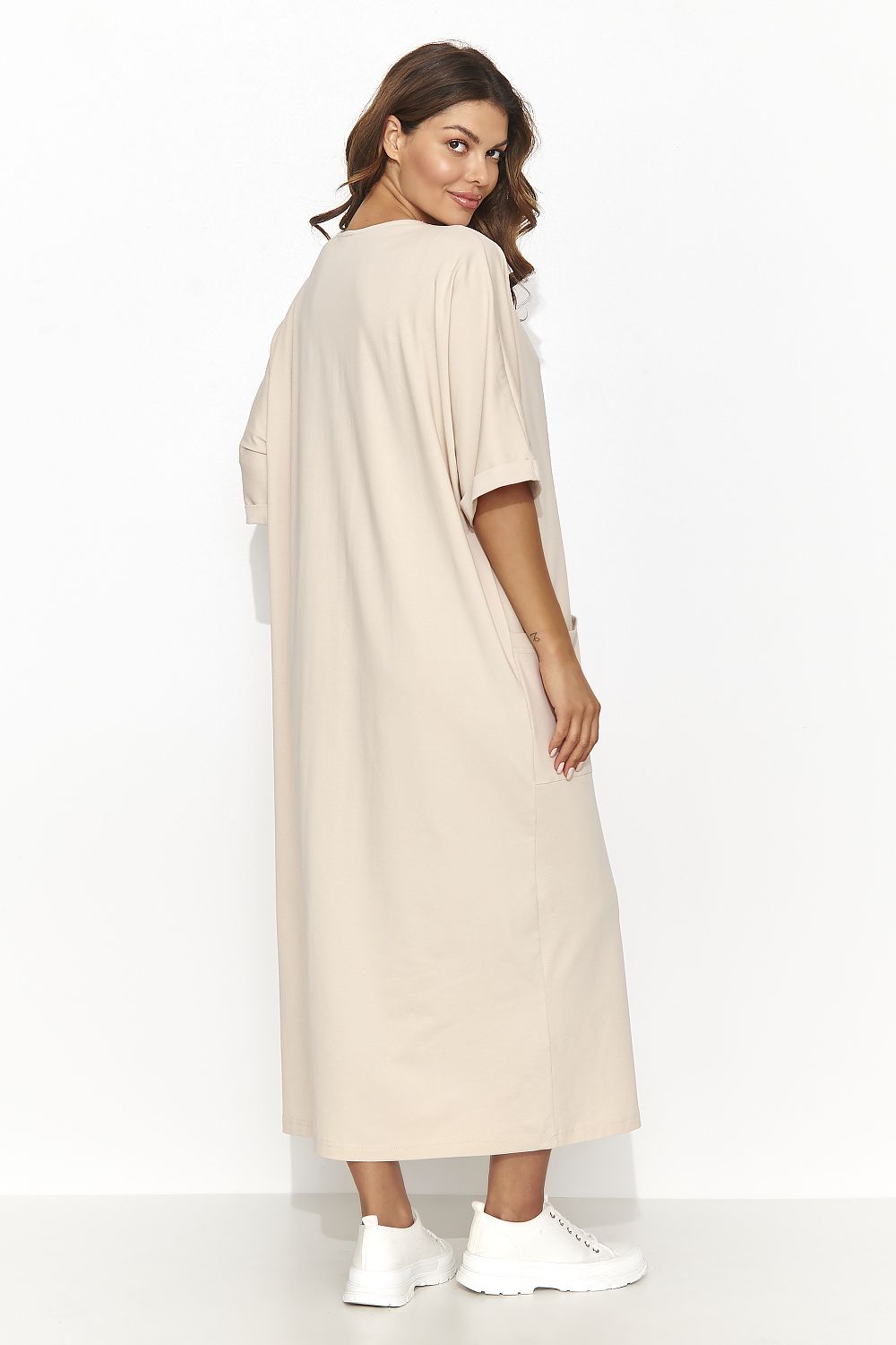 Elegant Casual Daydress Numinou - Short Sleeve Heart Neckline with Pockets, Cotton-Spandex Blend