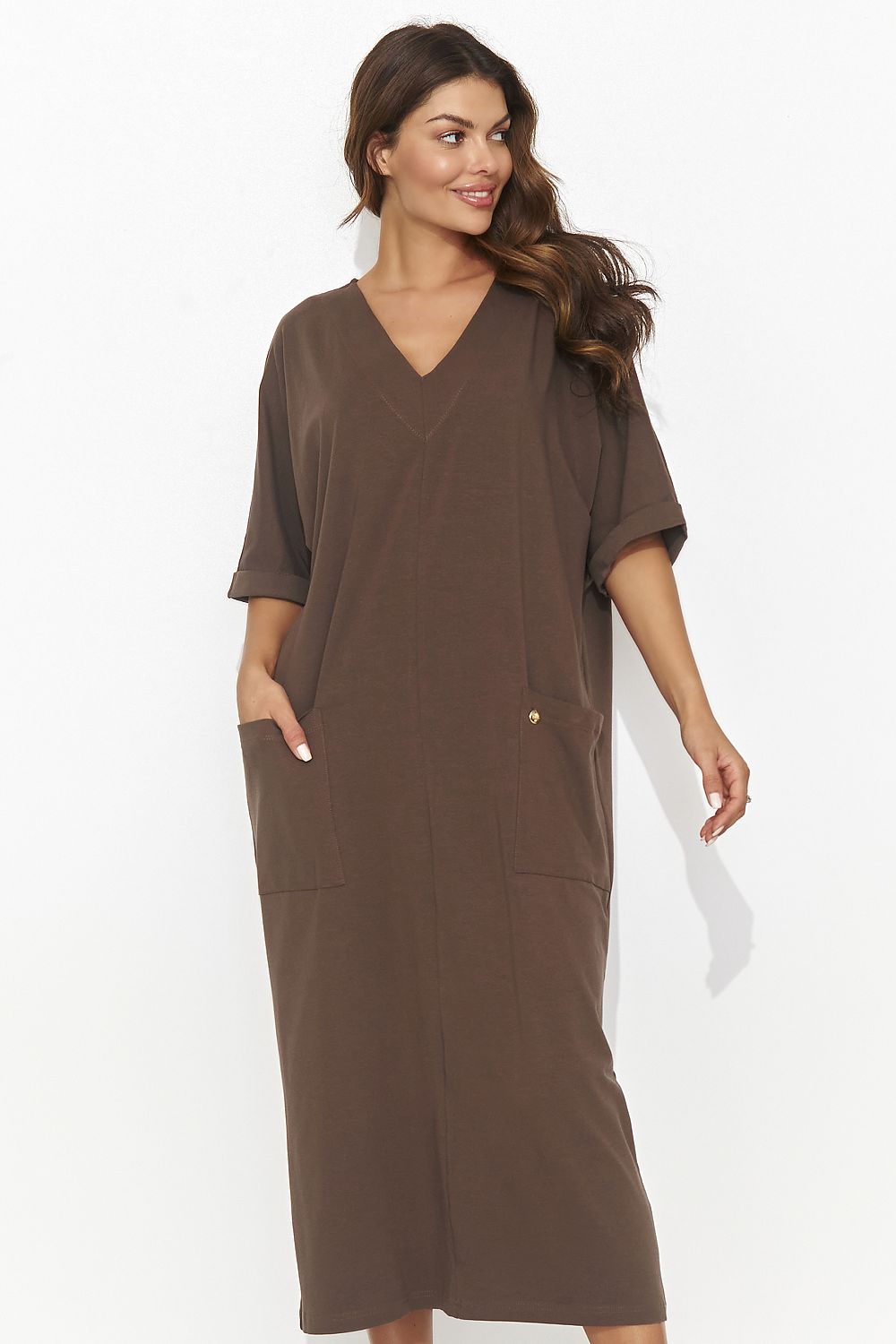 Elegant Casual Daydress Numinou - Short Sleeve Heart Neckline with Pockets, Cotton-Spandex Blend