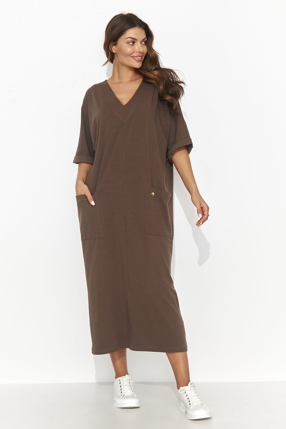 Elegant Casual Daydress Numinou - Short Sleeve Heart Neckline with Pockets, Cotton-Spandex Blend