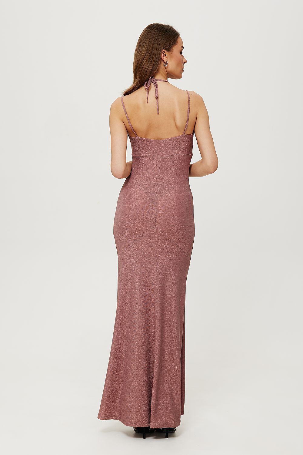 Elegant Maxi Dress with Metallic Threads and Customizable Neckline by Makover