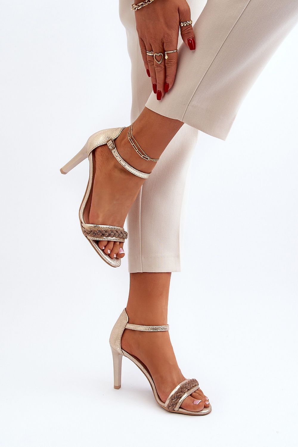 Elegant Women's Stiletto Heel Sandals in Natural Leather with Sparkling Zirconias