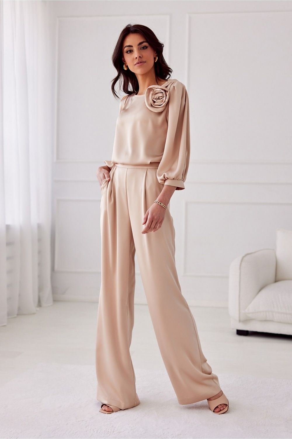 Roco Fashion Elsa Satin Wide-Leg Trousers with High Waist and Pockets for Elegant Occasions