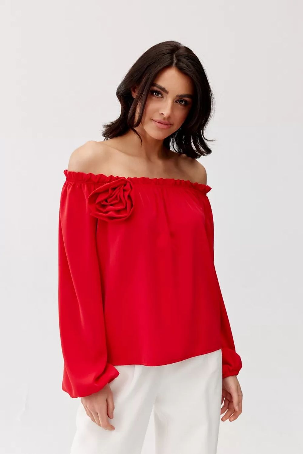 Elegant rosie satin blouse with spanish-style neckline an...