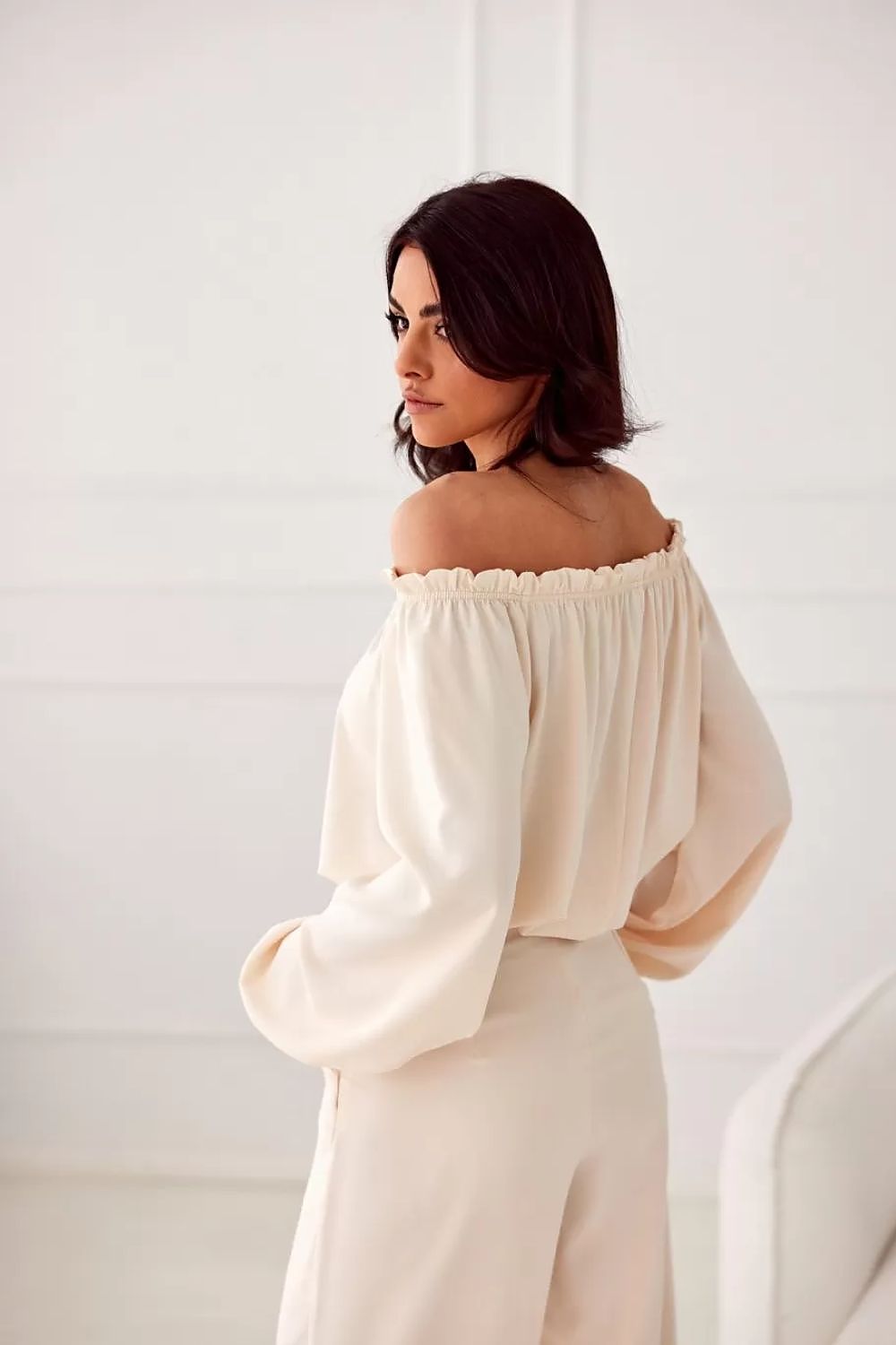 Elegant rosie satin blouse with spanish-style neckline an...