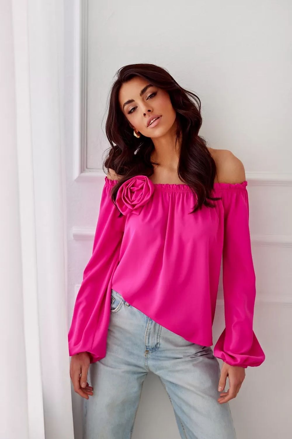 Elegant rosie satin blouse with spanish-style neckline an...