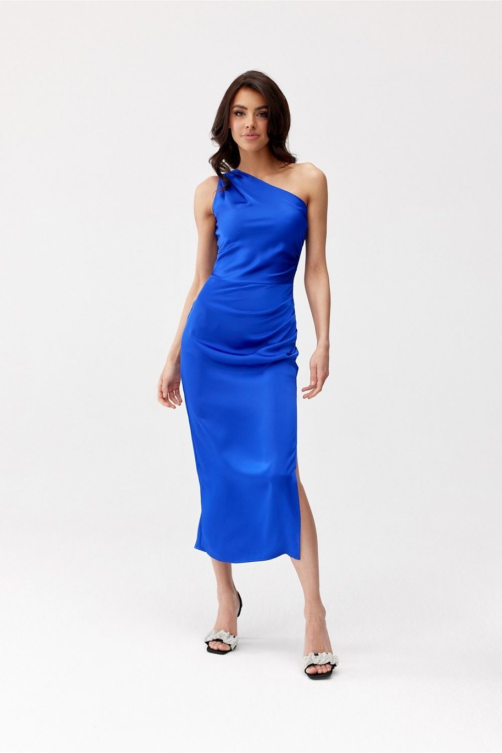 Elegant One-Shoulder Midi Dress with Satin Fabric and Subtle Slit by Roco Fashion