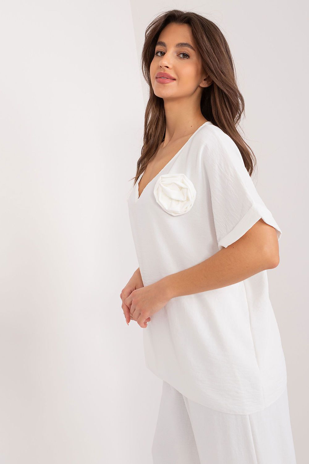 Oversized V-Neck Blouse by Italy Moda - Comfortable Polyester Blend for Everyday Elegance