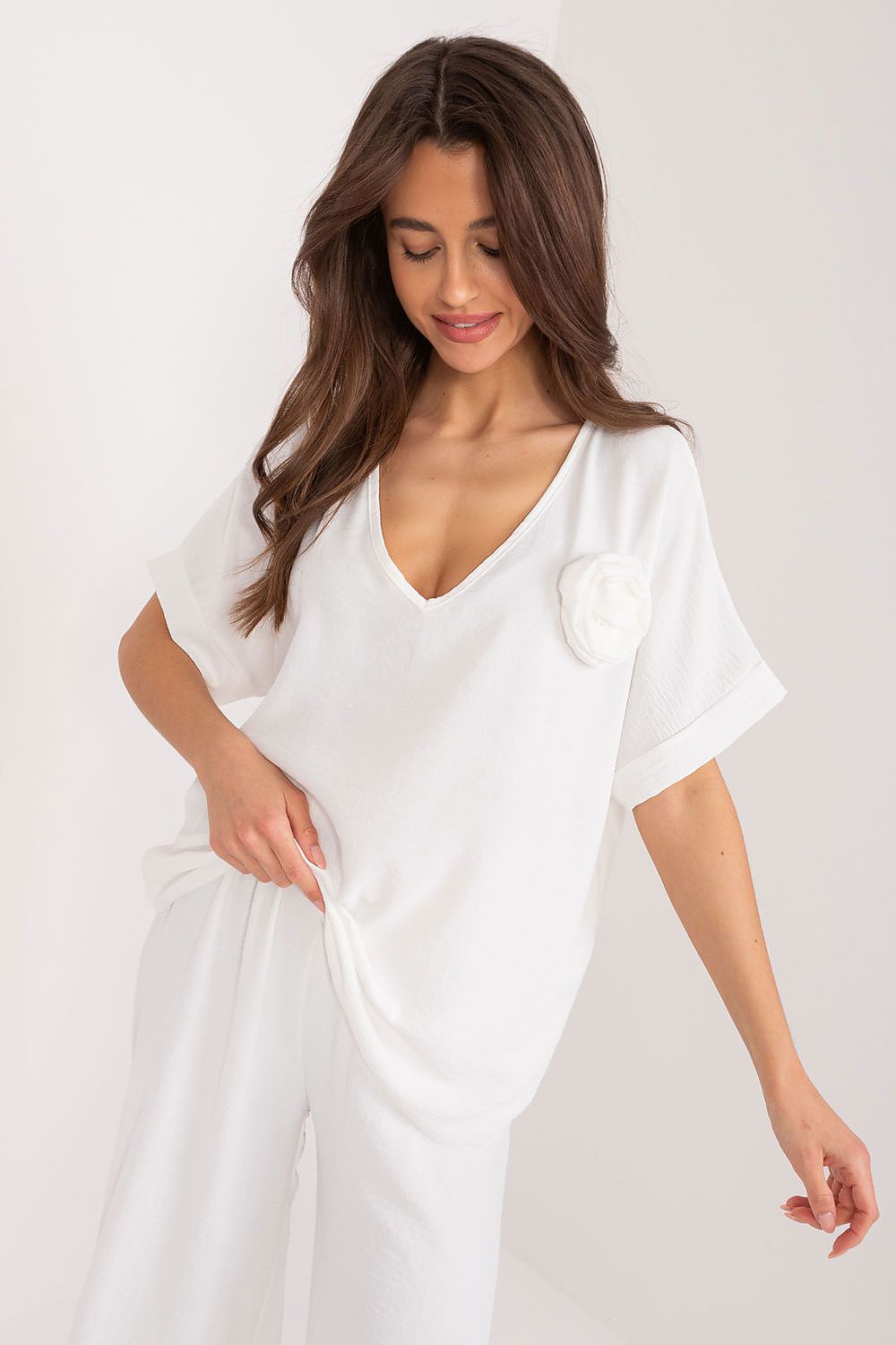 Oversized V-Neck Blouse by Italy Moda - Comfortable Polyester Blend for Everyday Elegance