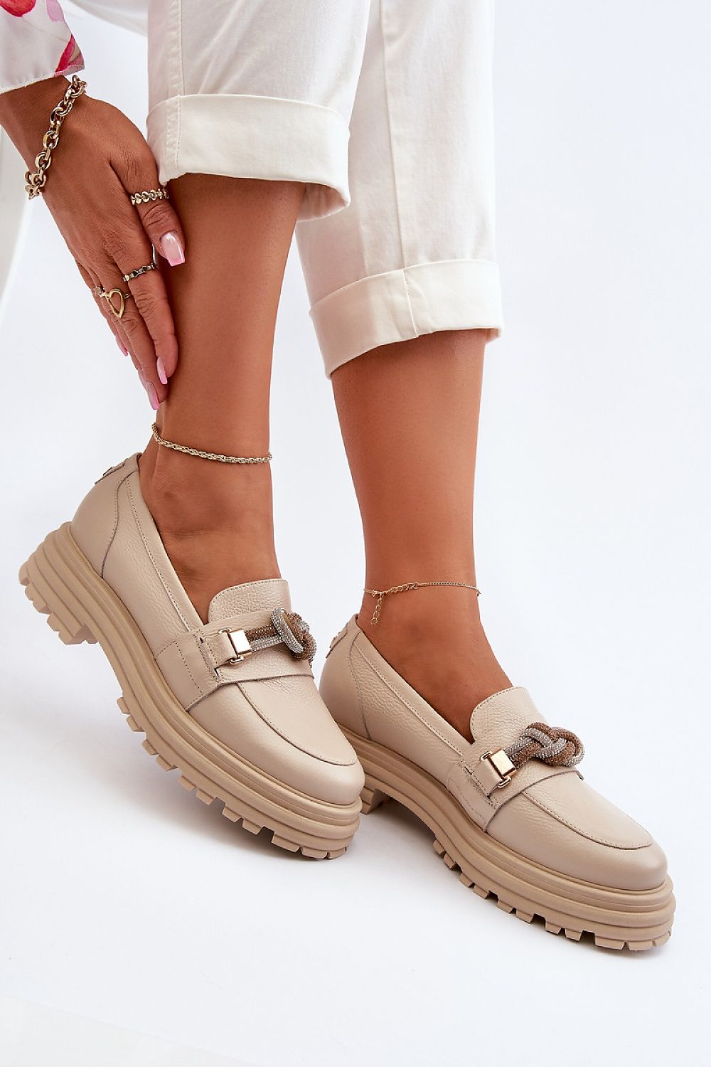Luxury Natural Leather Moccasin Slippers with Shiny Loop – Comfort with Style