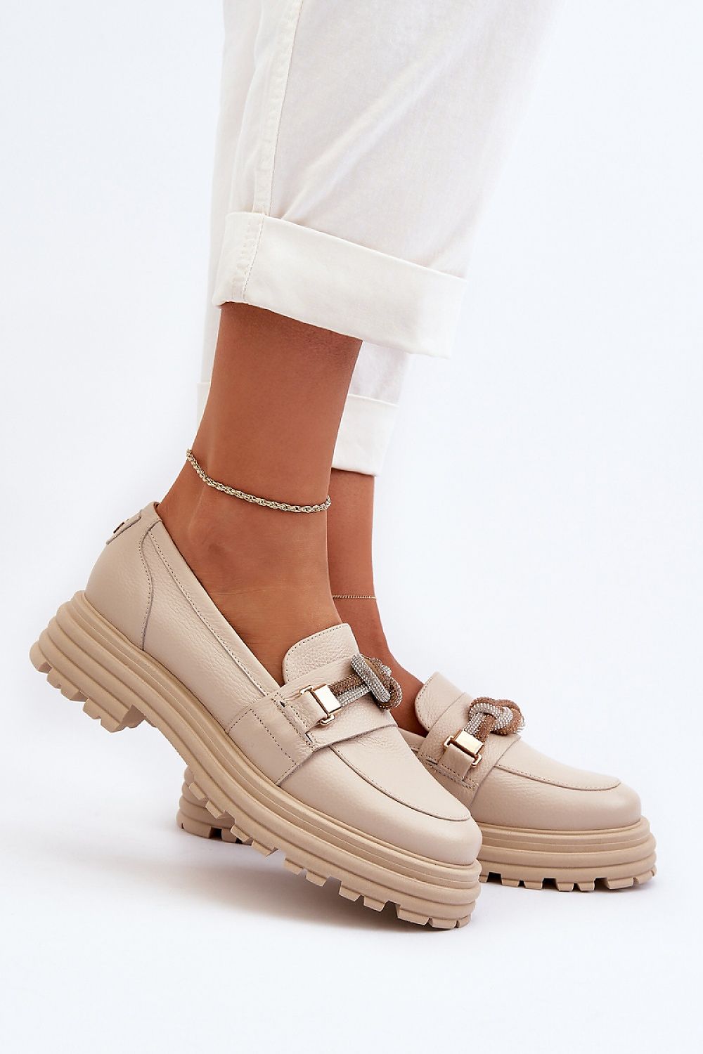Luxury Natural Leather Moccasin Slippers with Shiny Loop – Comfort with Style