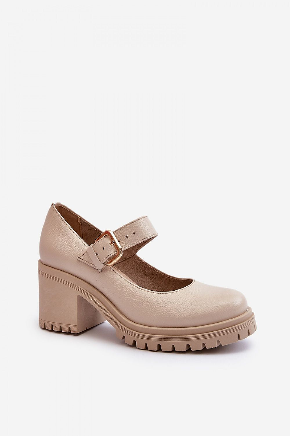 Elegant Natural Leather Heel Pumps with Adjustable Strap and 7.5cm Heel Height