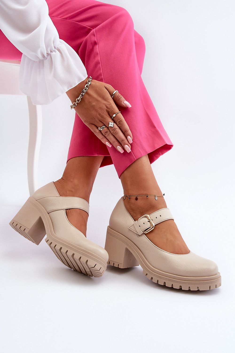 Elegant Natural Leather Heel Pumps with Adjustable Strap and 7.5cm Heel Height