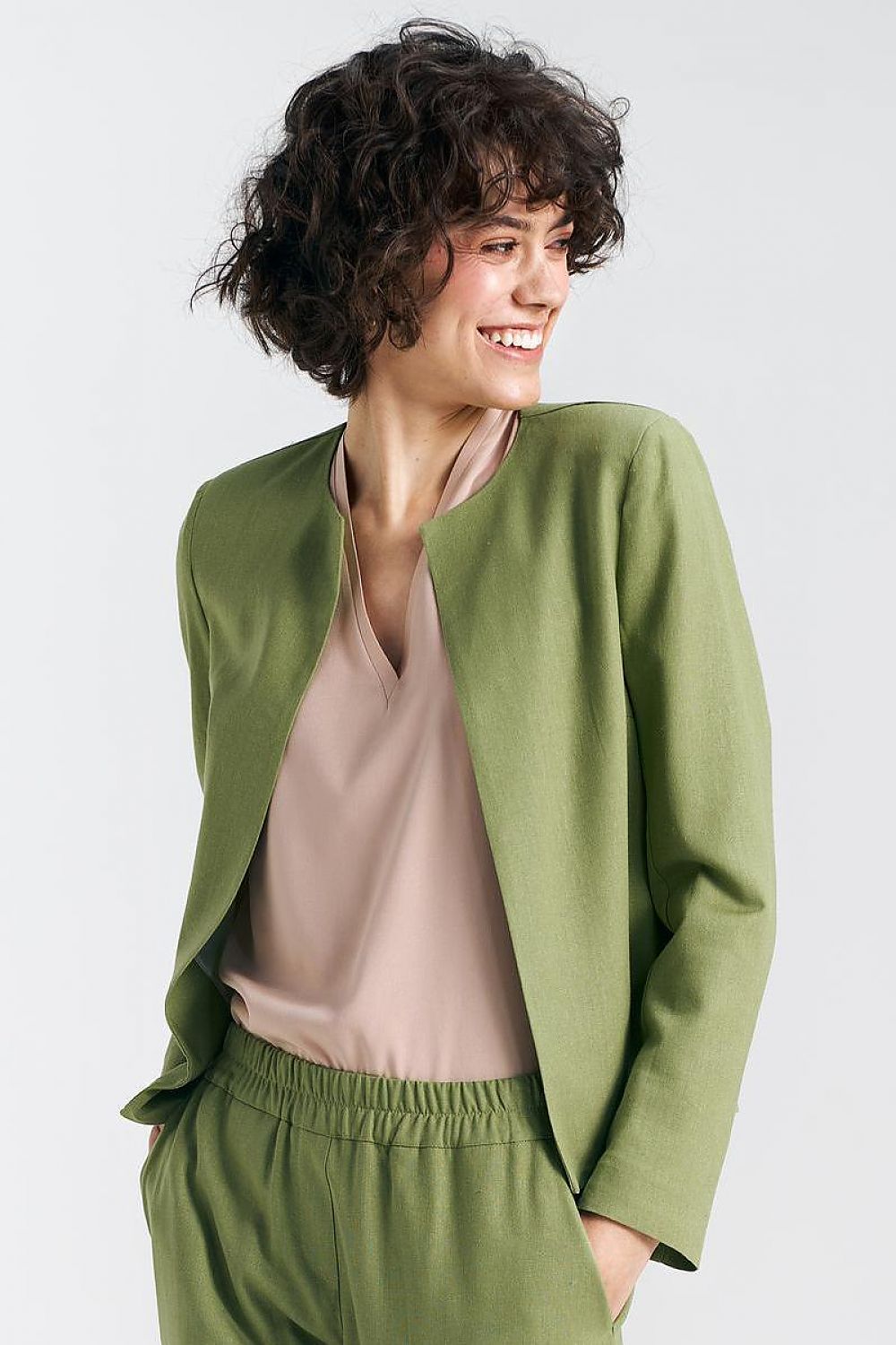 Elegant Pistachio Green Boxy Jacket with Shoulder Pads | High-Quality Viscose, Linen, Cotton Blend