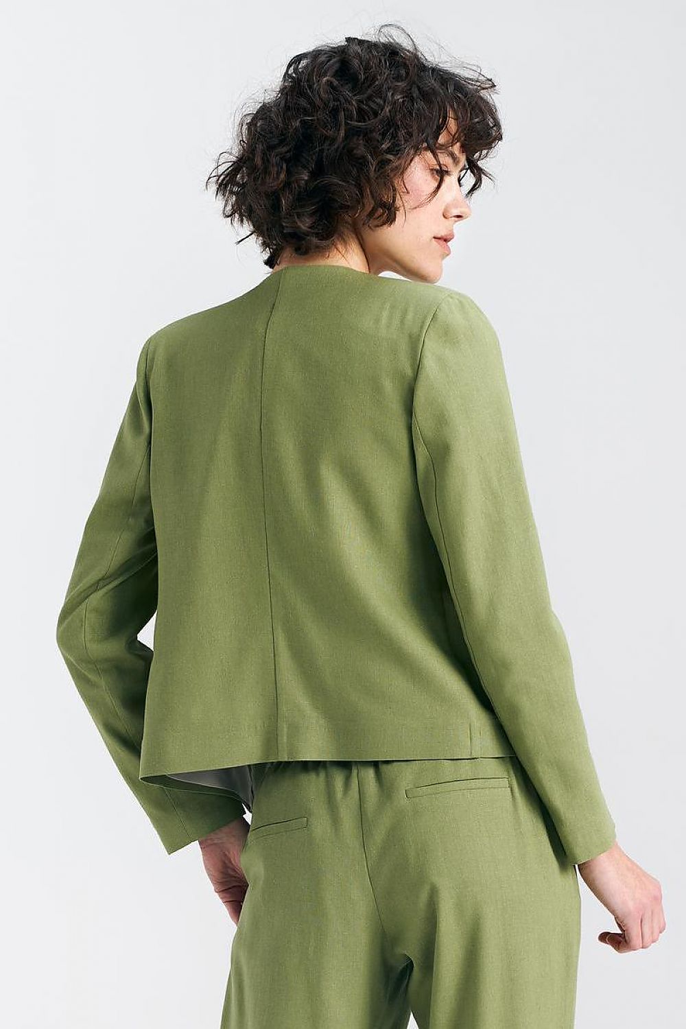 Elegant Pistachio Green Boxy Jacket with Shoulder Pads | High-Quality Viscose, Linen, Cotton Blend
