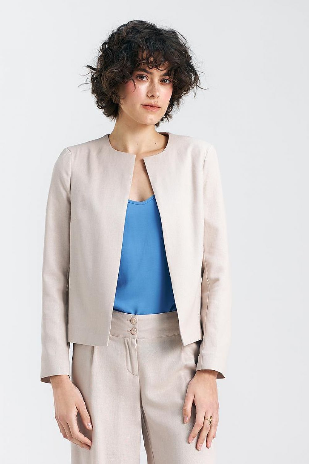 Elegant Pistachio Green Boxy Jacket with Shoulder Pads | High-Quality Viscose, Linen, Cotton Blend