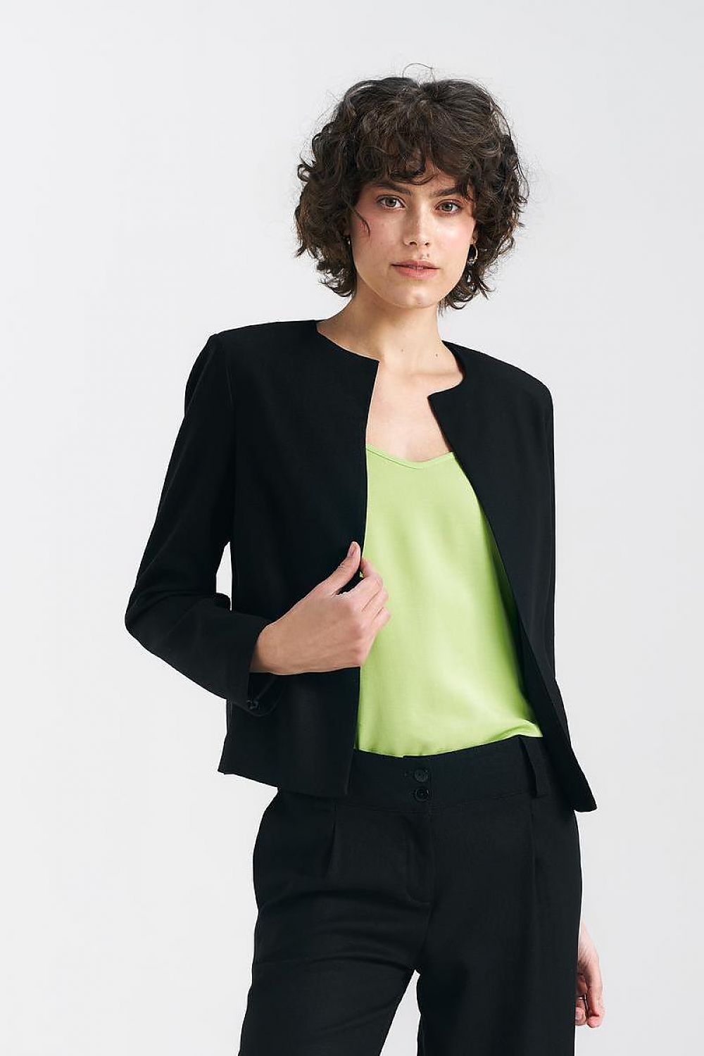 Elegant Pistachio Green Boxy Jacket with Shoulder Pads | High-Quality Viscose, Linen, Cotton Blend