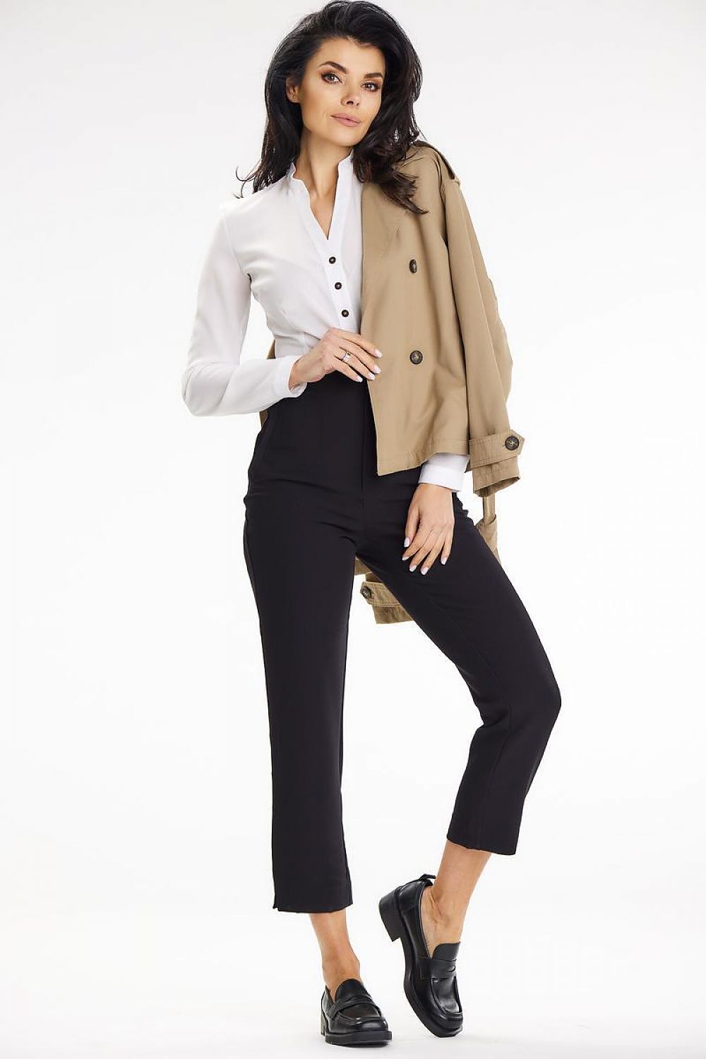 Elegant Stand-Up Blouse With Heart Neckline And Buttoned Cuff Sleeves