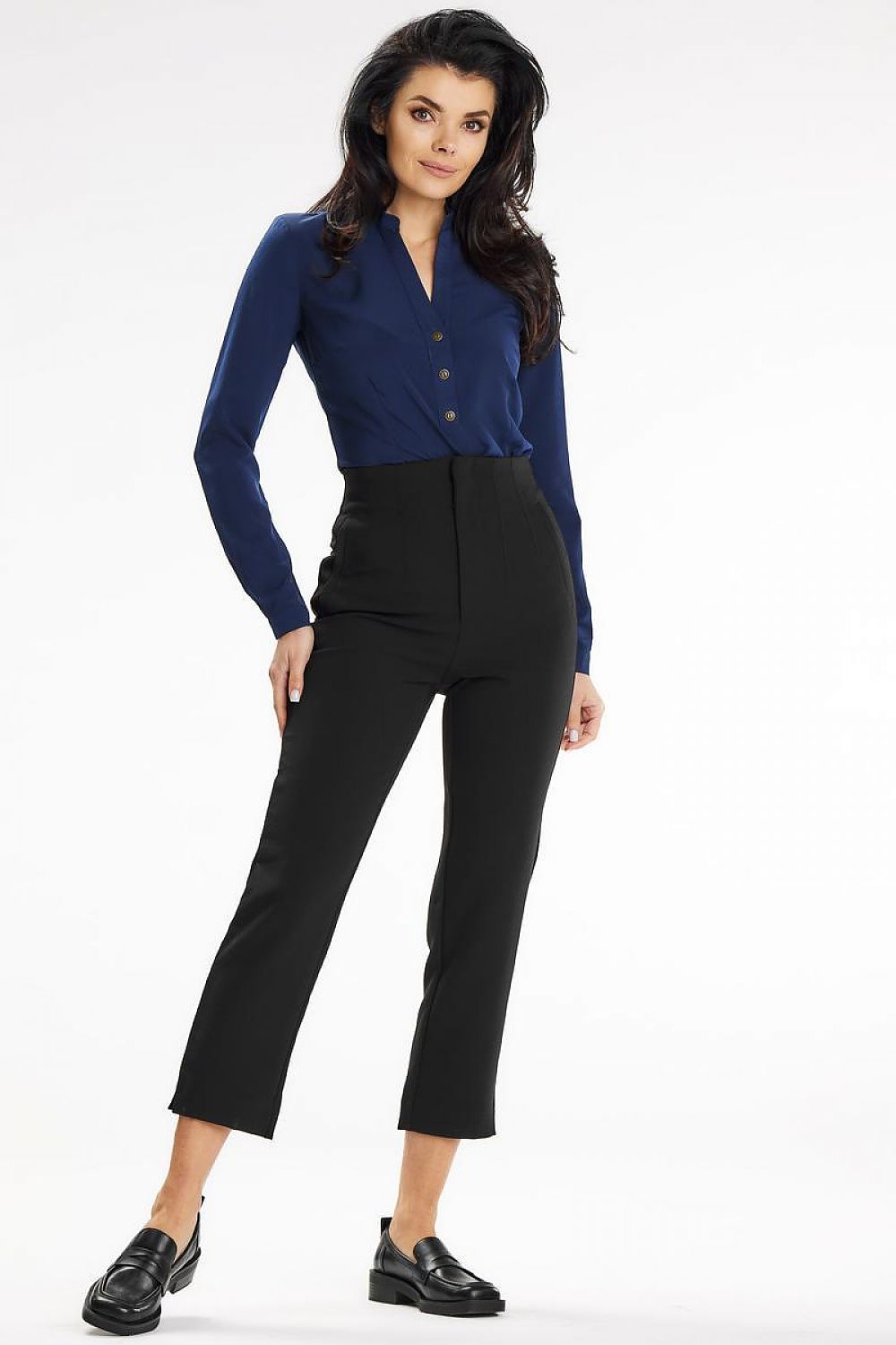 Elegant Stand-Up Blouse With Heart Neckline And Buttoned Cuff Sleeves