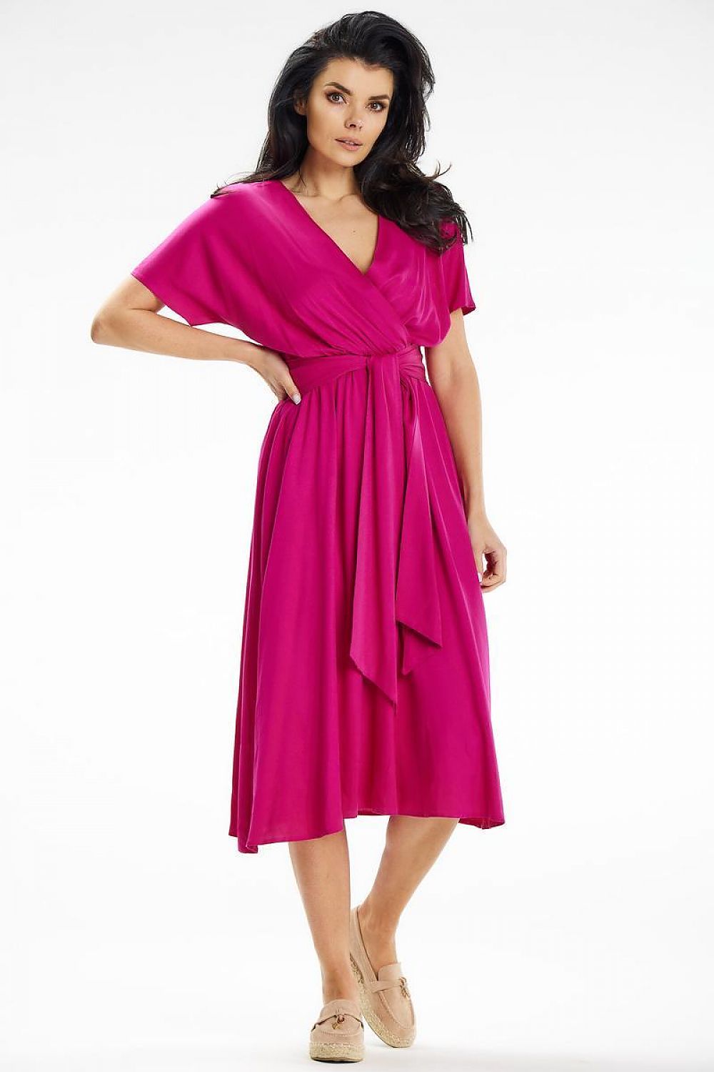 Flared Midi Dress with Envelope Top & Kimono Sleeves by Awama – Elegant Wrap Style