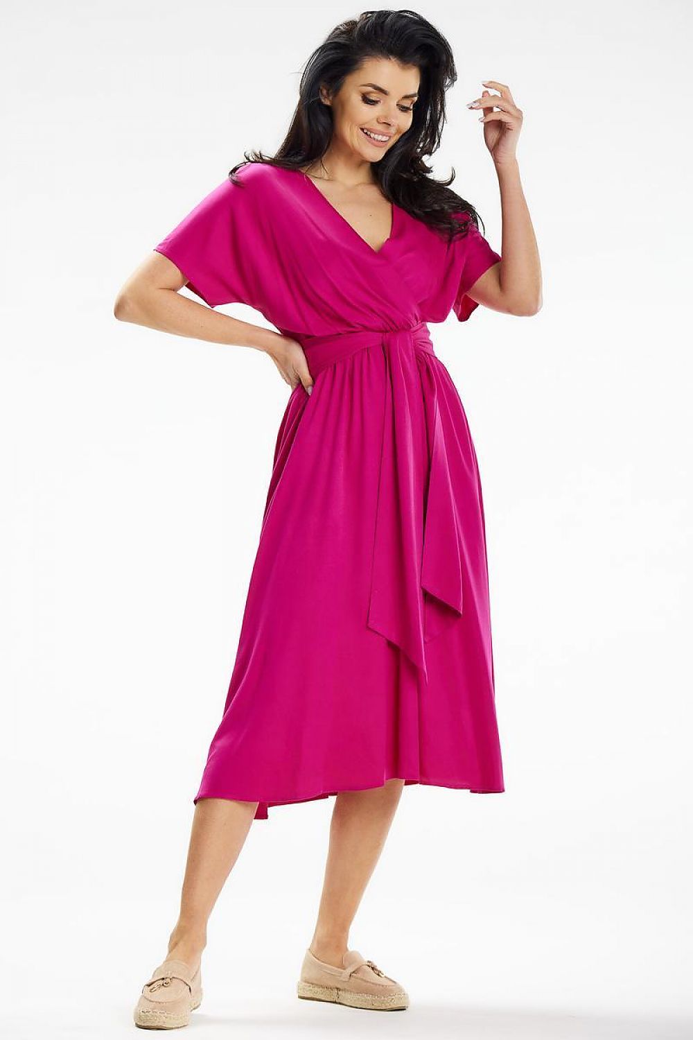 Flared Midi Dress with Envelope Top & Kimono Sleeves by Awama – Elegant Wrap Style