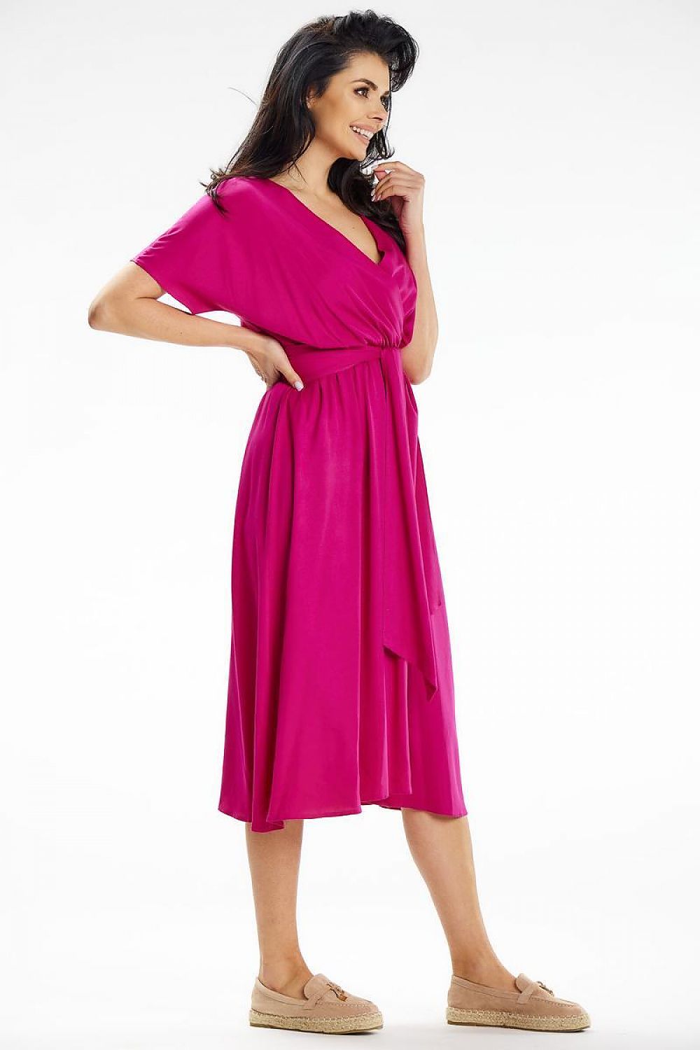 Flared Midi Dress with Envelope Top & Kimono Sleeves by Awama – Elegant Wrap Style