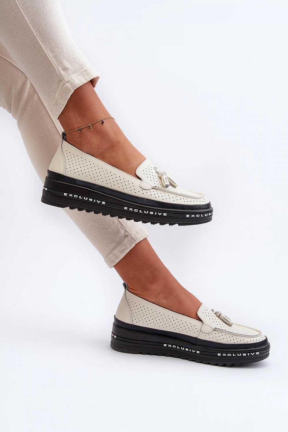 Elegant Platform Leather Moccasins With Openwork Upper - Modern Style & Comfort
