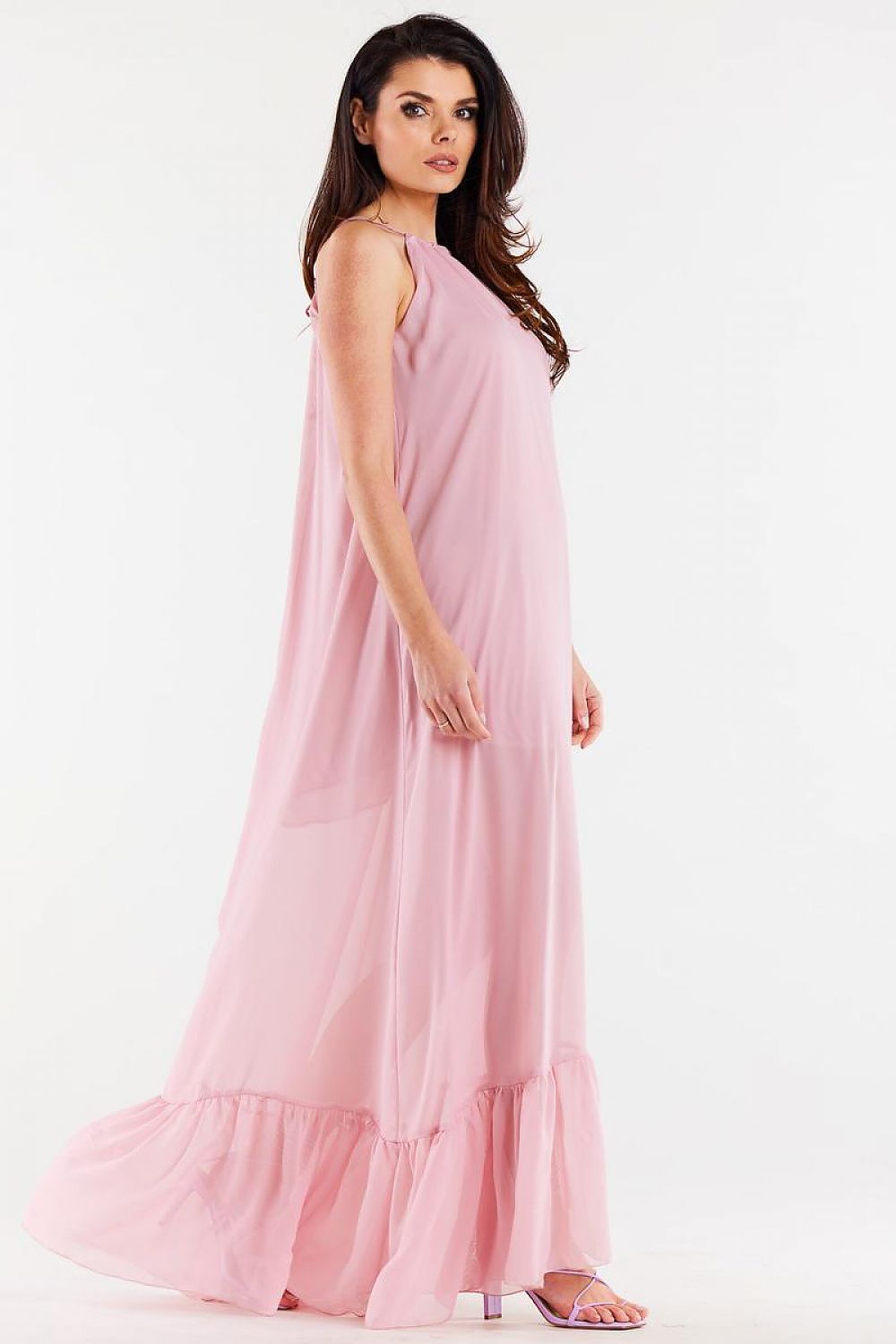 Elegant Long Chiffon Daydress with Ruffle Hem and Adjustable Straps by Awama