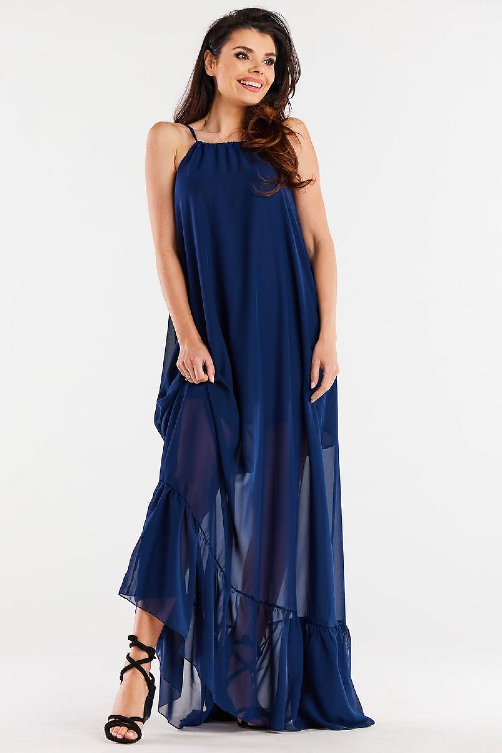 Elegant Long Chiffon Daydress with Ruffle Hem and Adjustable Straps by Awama