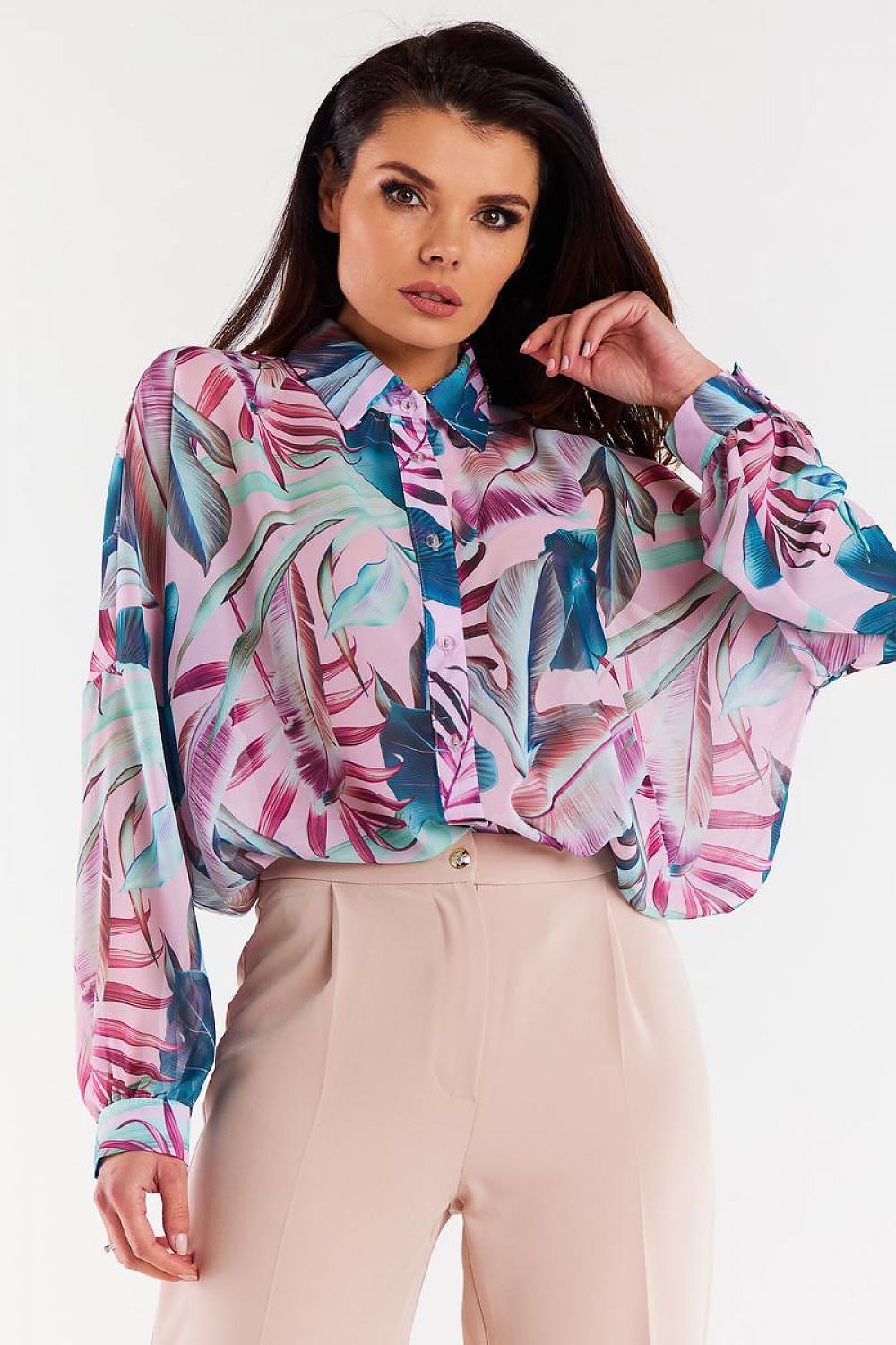 Oversized Chiffon Long Sleeve Shirt with Ruffled Cuffs by Awama - Elegant Style