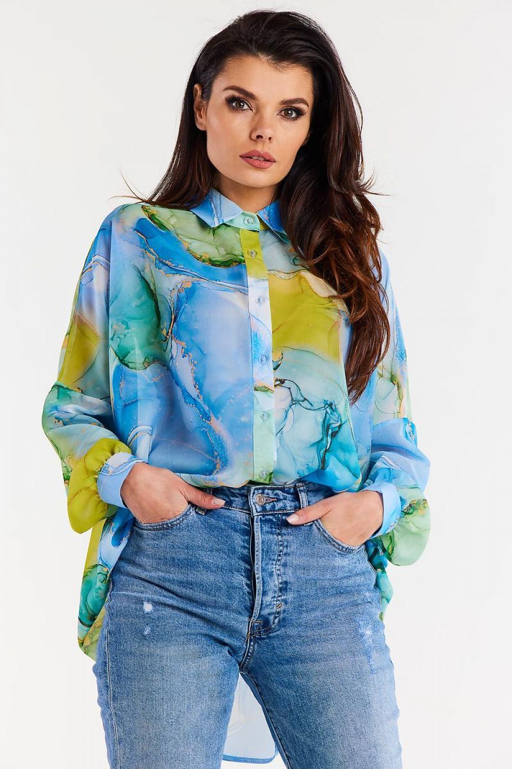 Oversized Chiffon Long Sleeve Shirt with Ruffled Cuffs by Awama - Elegant Style