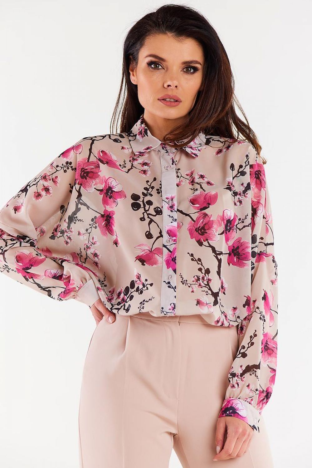 Oversized Chiffon Long Sleeve Shirt with Ruffled Cuffs by Awama - Elegant Style