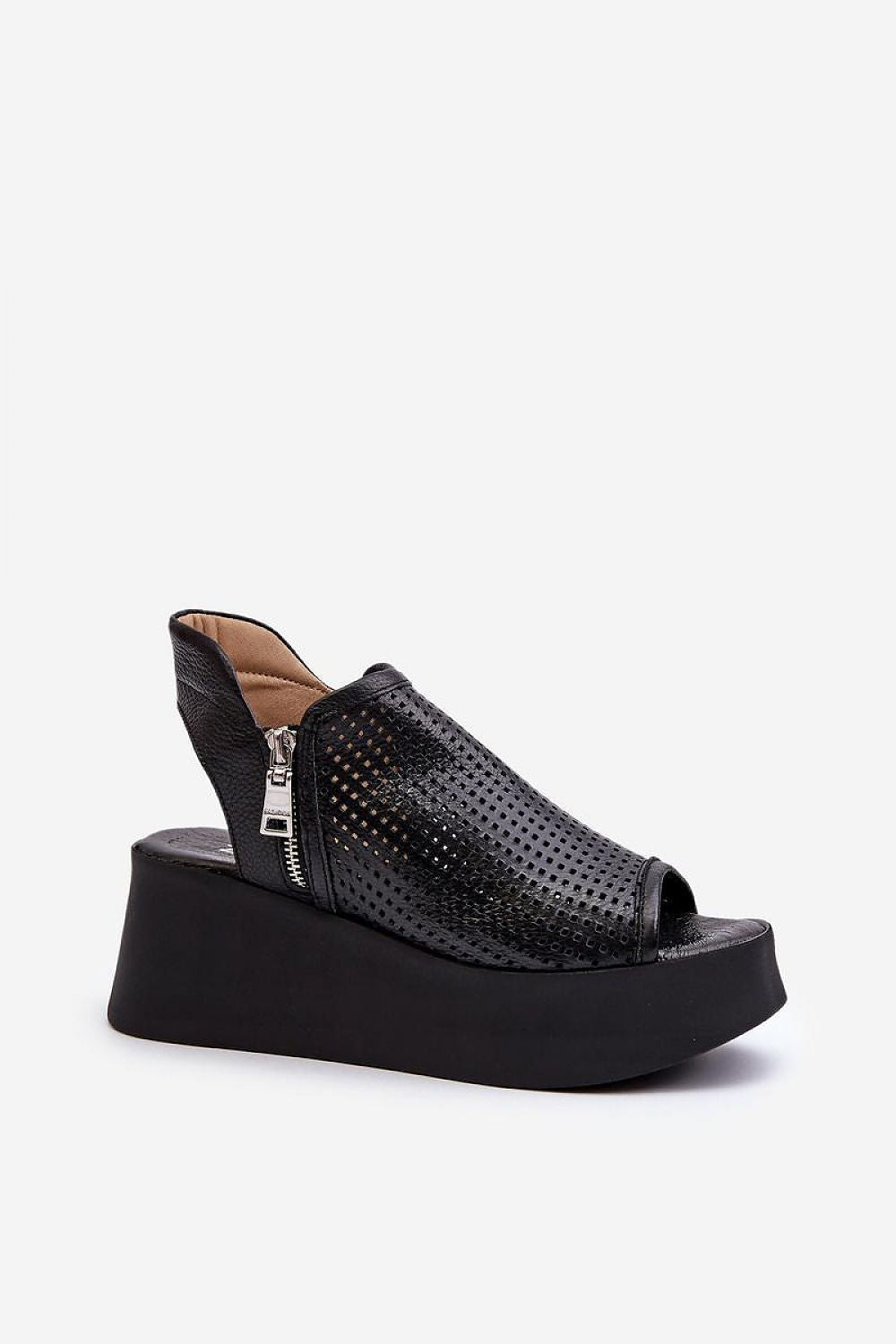Elegance in Natural Leather: Women's 7cm Heel Sandals with Openwork Design and Zipper Closure