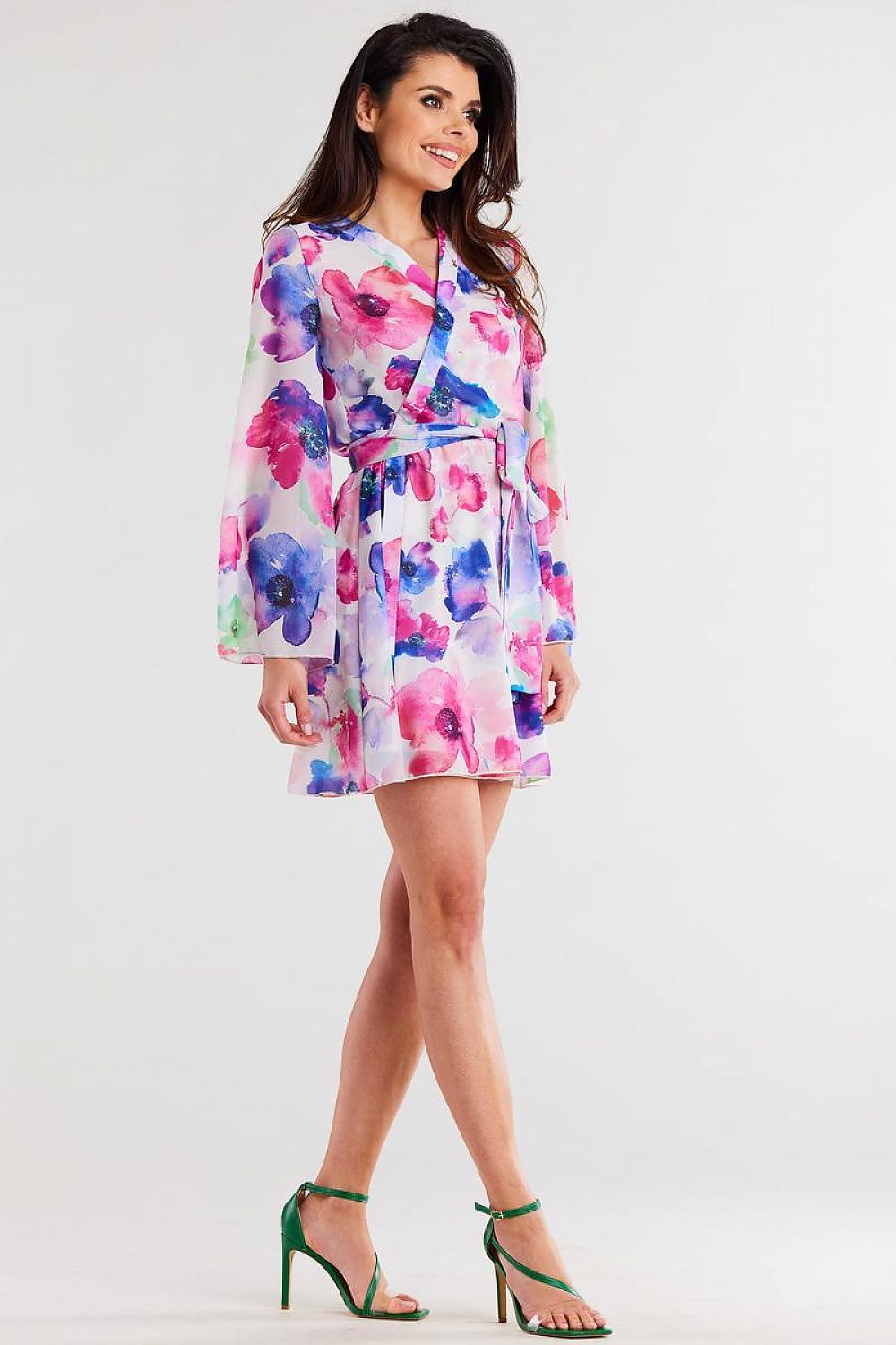 Elegant Kimono Dress in Chiffon with Pleated Neckline and Adjustable Waist Belt by Awama