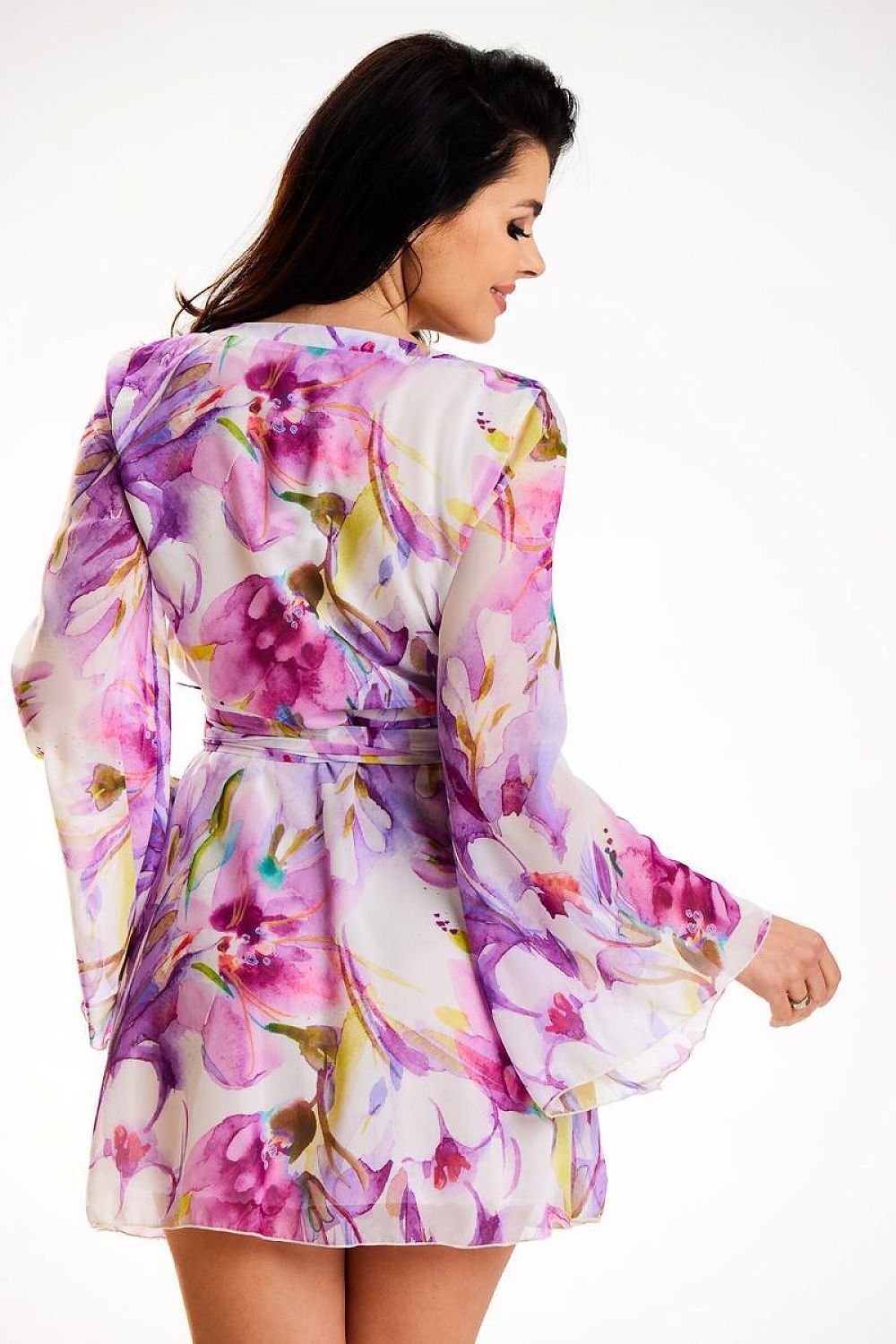 Elegant Kimono Dress in Chiffon with Pleated Neckline and Adjustable Waist Belt by Awama